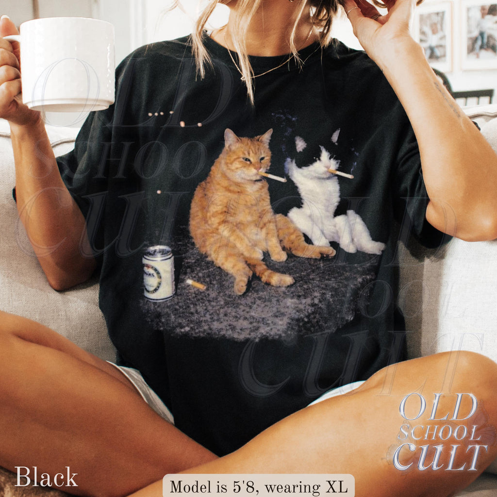 Smoking Cats Vintage Smoking Cat Tee Retro Streetwear Kitten Oversized Beer (1)