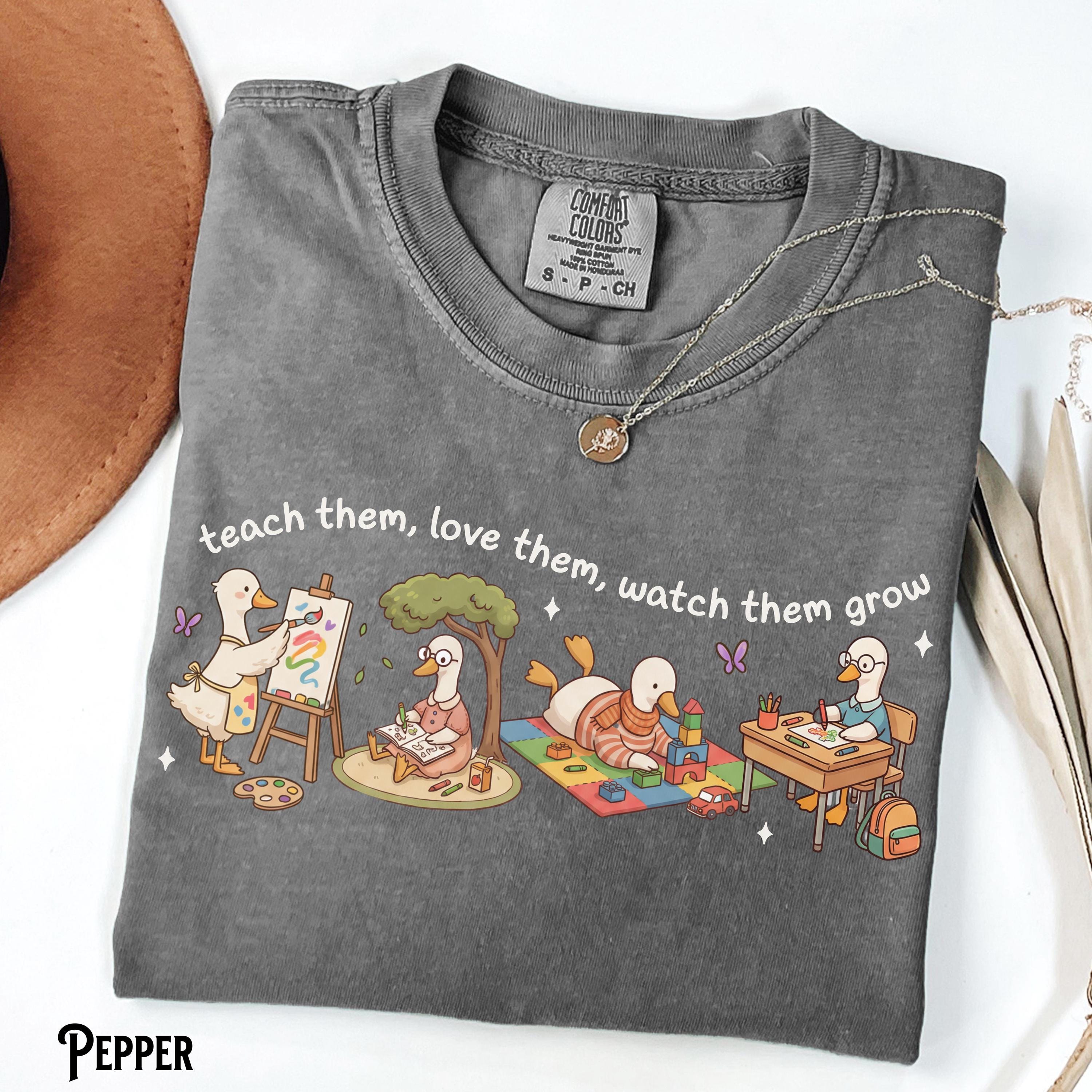 Preschool Pre-K Kindergarten First Grade Teacher Comfort Colors Tee Goose Teach Love Watch Grow (5)