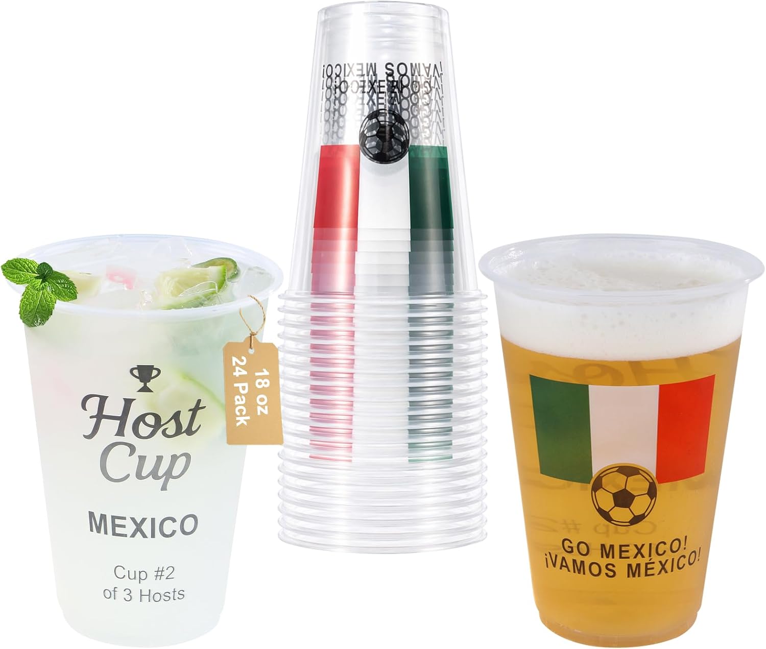 18 oz Host Cup Celebrating World Soccer Tournament Host Mexico, 24-Count Disposable Plastic Party Cups, National Flag Themed for Fan Event Decorations Game-Day Festival, ¡VAMOS MÉXICO 2026