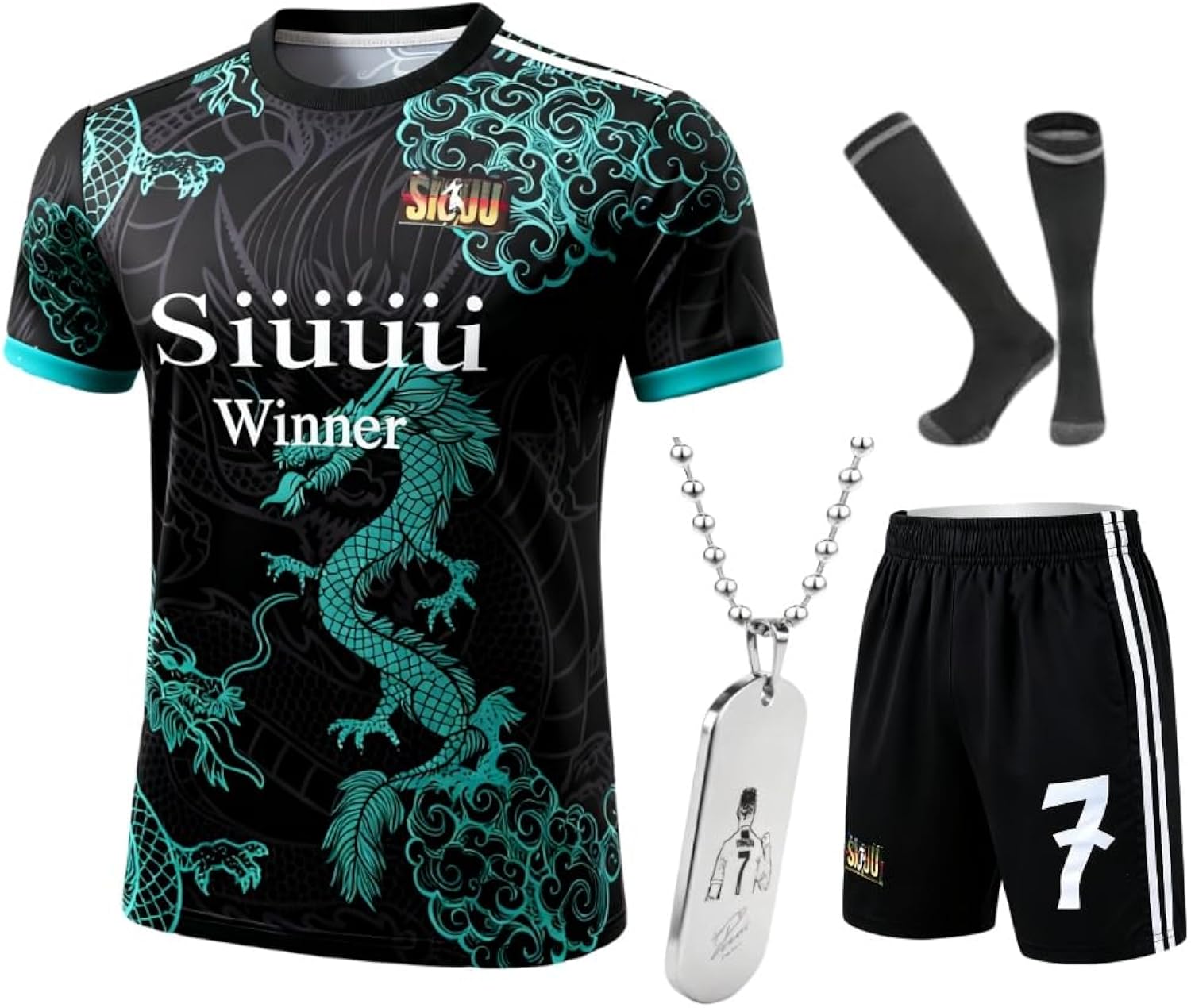 Youth Kids Soccer Jersey Uniform Set #7 - Complete Kit with Green Dragon Print Shirt, Shorts & Socks for Boys Girls Ages 5-14