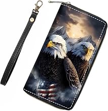American Flag Bald Eagle Wallet for Women with Credit Card Holder Coin Money Clip PU Leather Zip Around Clutch Wallet