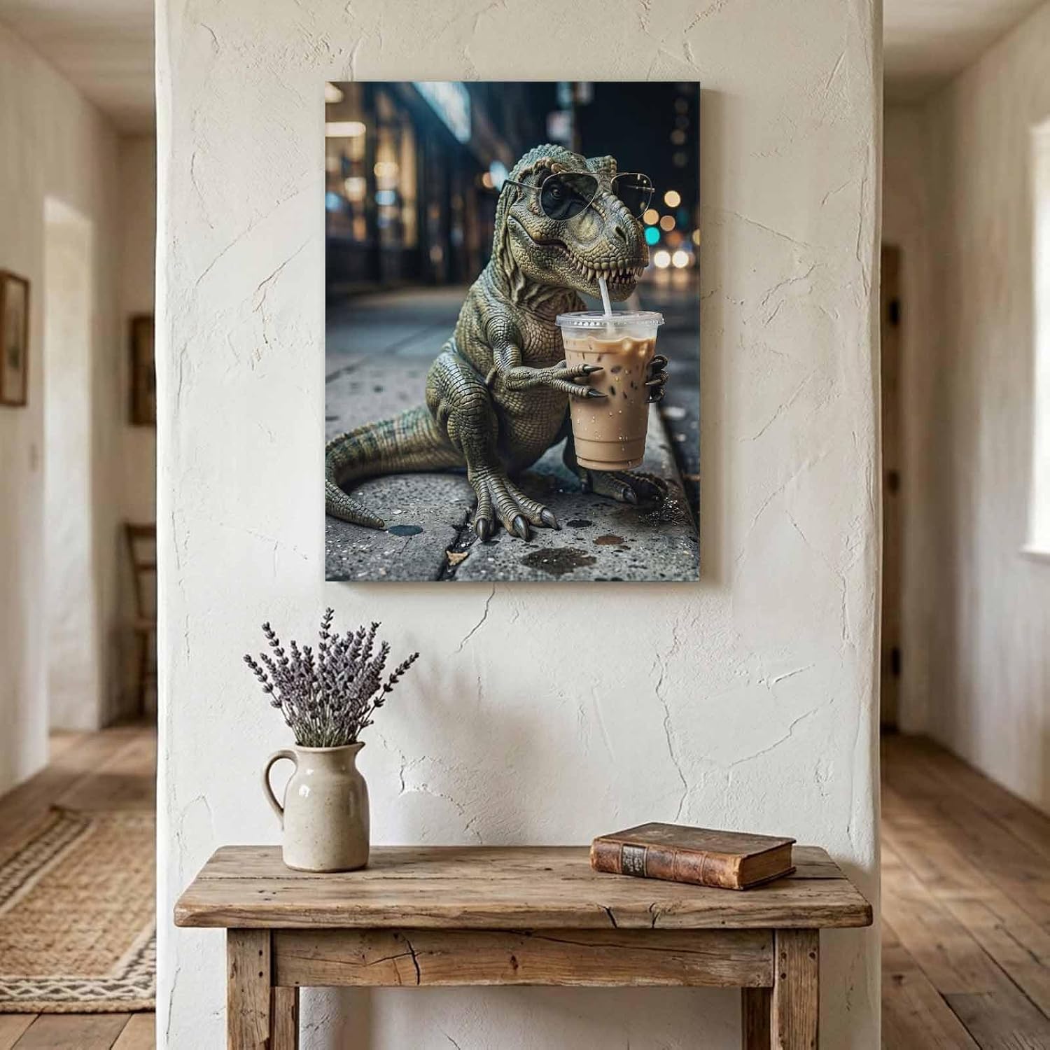 Dinosaur Drink Iced Coffee Wood Canvas Wall Art,Wall Decor for Bedroom Living Room Office,City Sidewalk Modern Funny Animal Canvas Prints Artwork Ready to Hang Home Decor,Housewarming Gift 22''x28''
