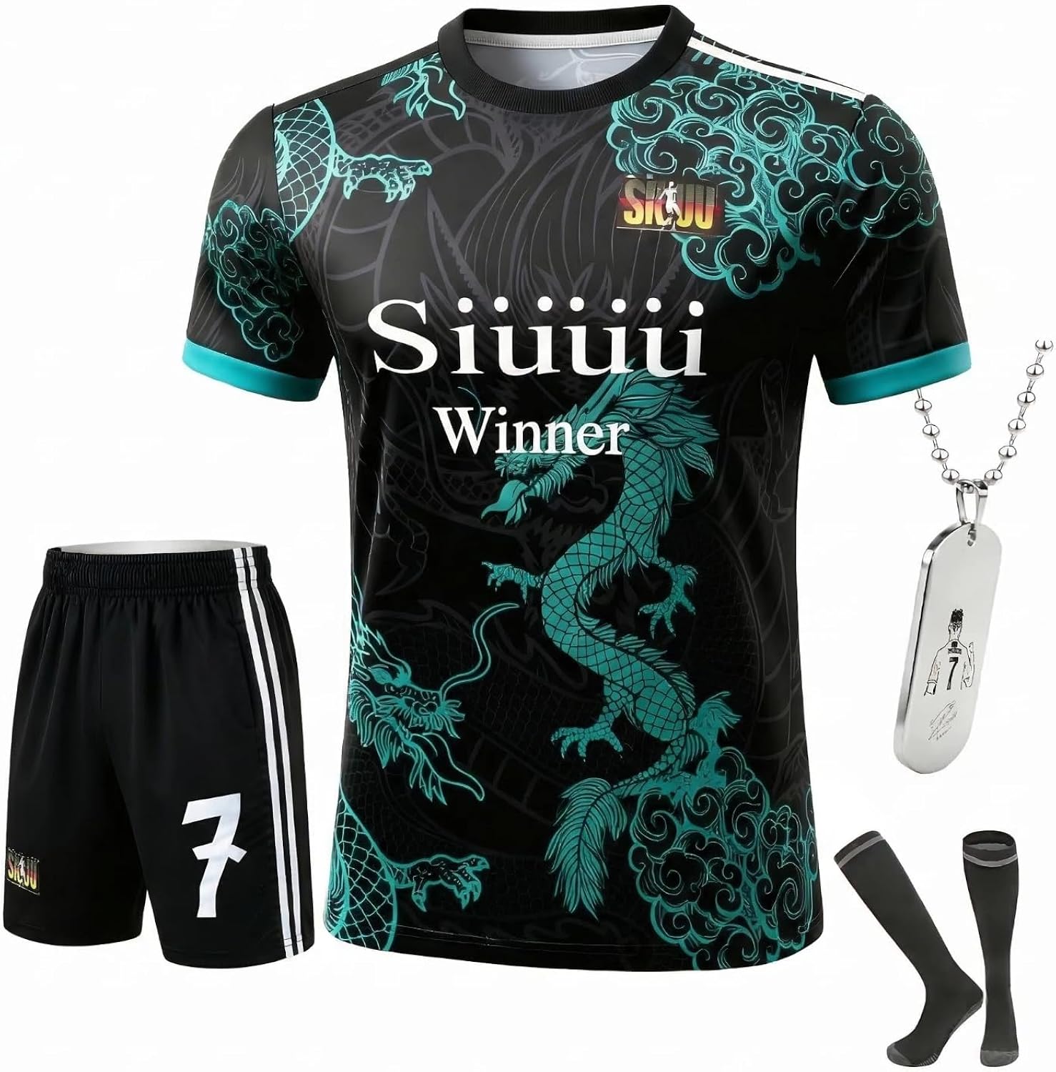 Kids Soccer Jersey Uniform Set #7 | Complete 4-Piece Kit with Shirt, Shorts, Socks & Player Necklace for Boys & Girls