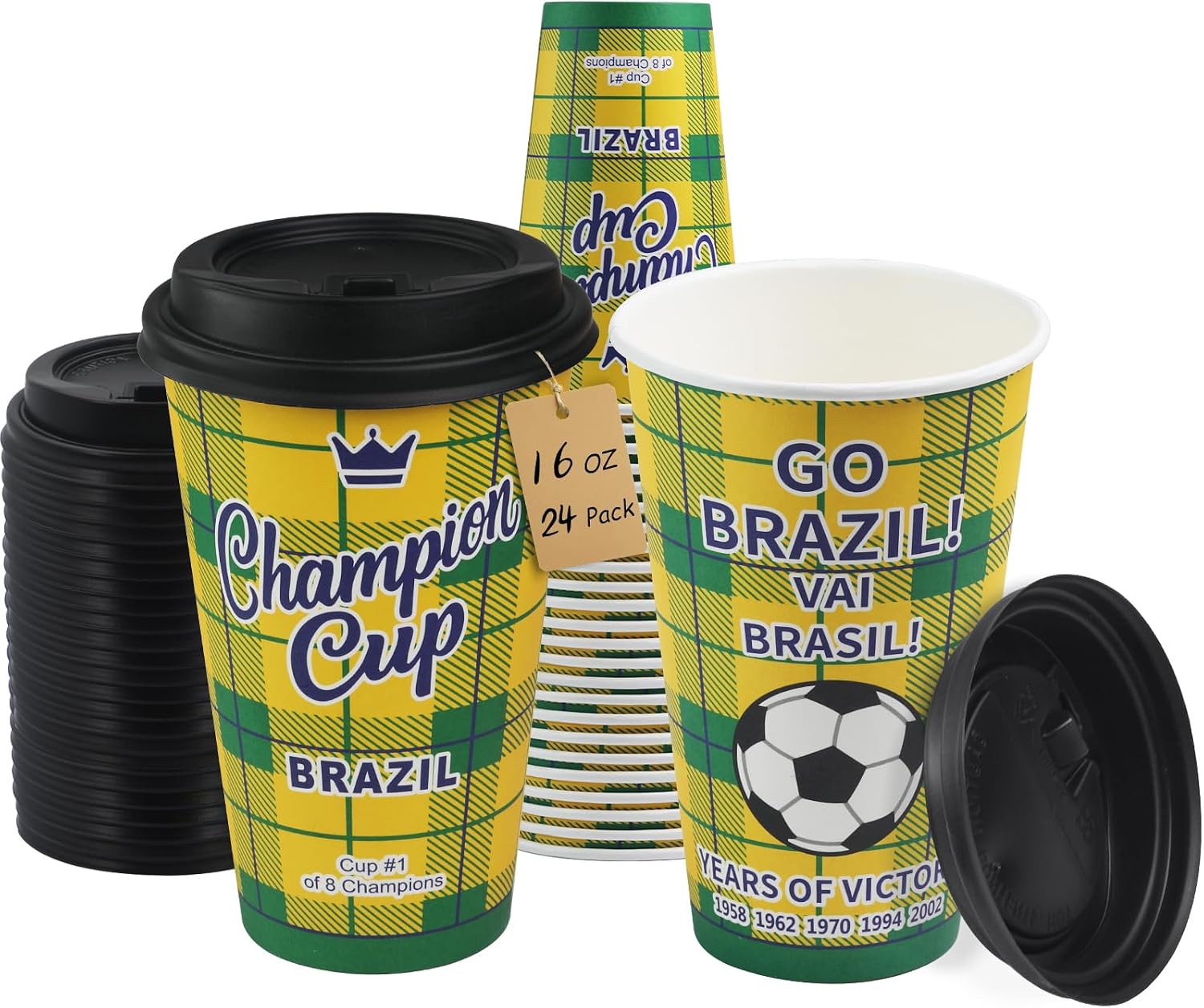 16 oz Champion Cup A Salute To Brazil, 5-Time World Soccer Champion, 24 Sets Disposable Paper Party Cups with Lids for Fan Event Decorations Game-Day Festival, VAI BRASIL 2026