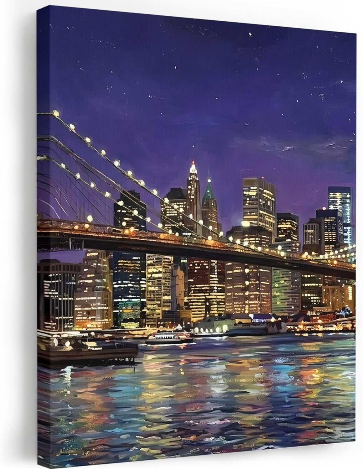 Brooklyn Bridge Framed Wall Art, Night City Urban Landscape Canvas Prints, Stretched Wall Decor Artwork for Living Room Bedroom Office Home, Ready to Hang, Made in USA, 12"x16"
