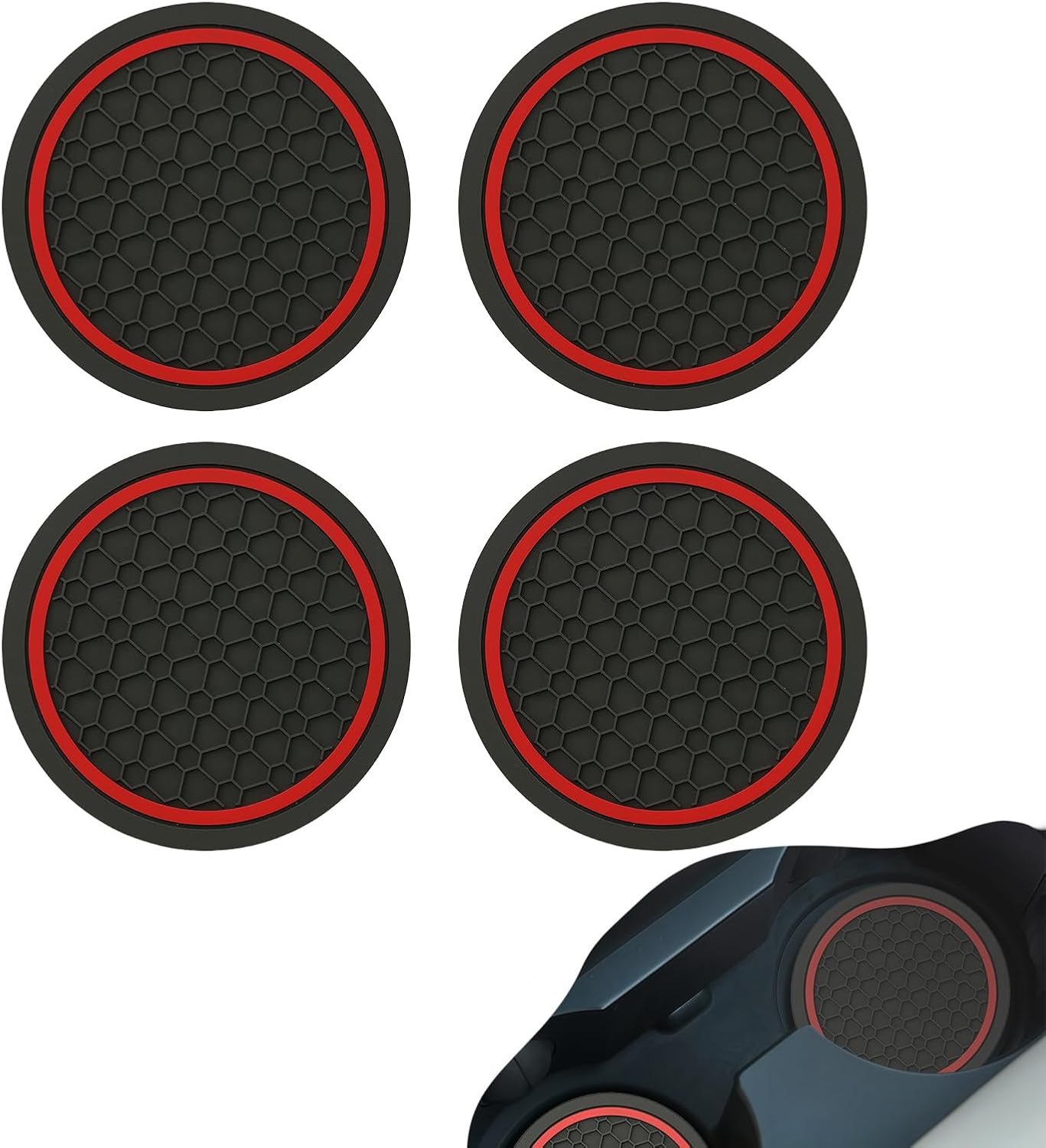 4 PCS Car Cup Holder Coasters, Non-Slip Insert Car Cup Coasters, Waterproof Vehicle Water Bottle Pads Automotive Interior Accessories, Universal for Vehicles, Trucks, SVUs (Black & Red)