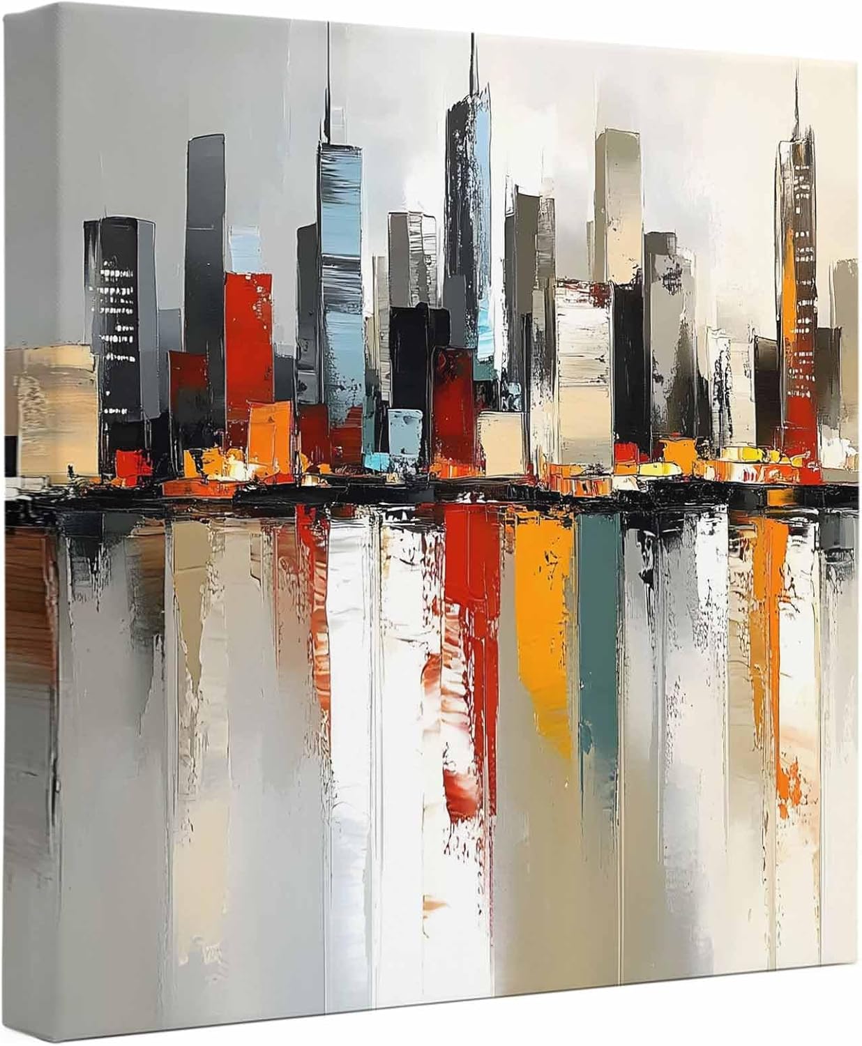 Wood Canvas Wall Art, City Scenery Wall Decor for Office Kitchen Dining Room, Contemporary Cityscape Abstract Aesthetic Canvas Prints Artwork Ready to Hang Home Decor, Housewarming Gift 12''x12''