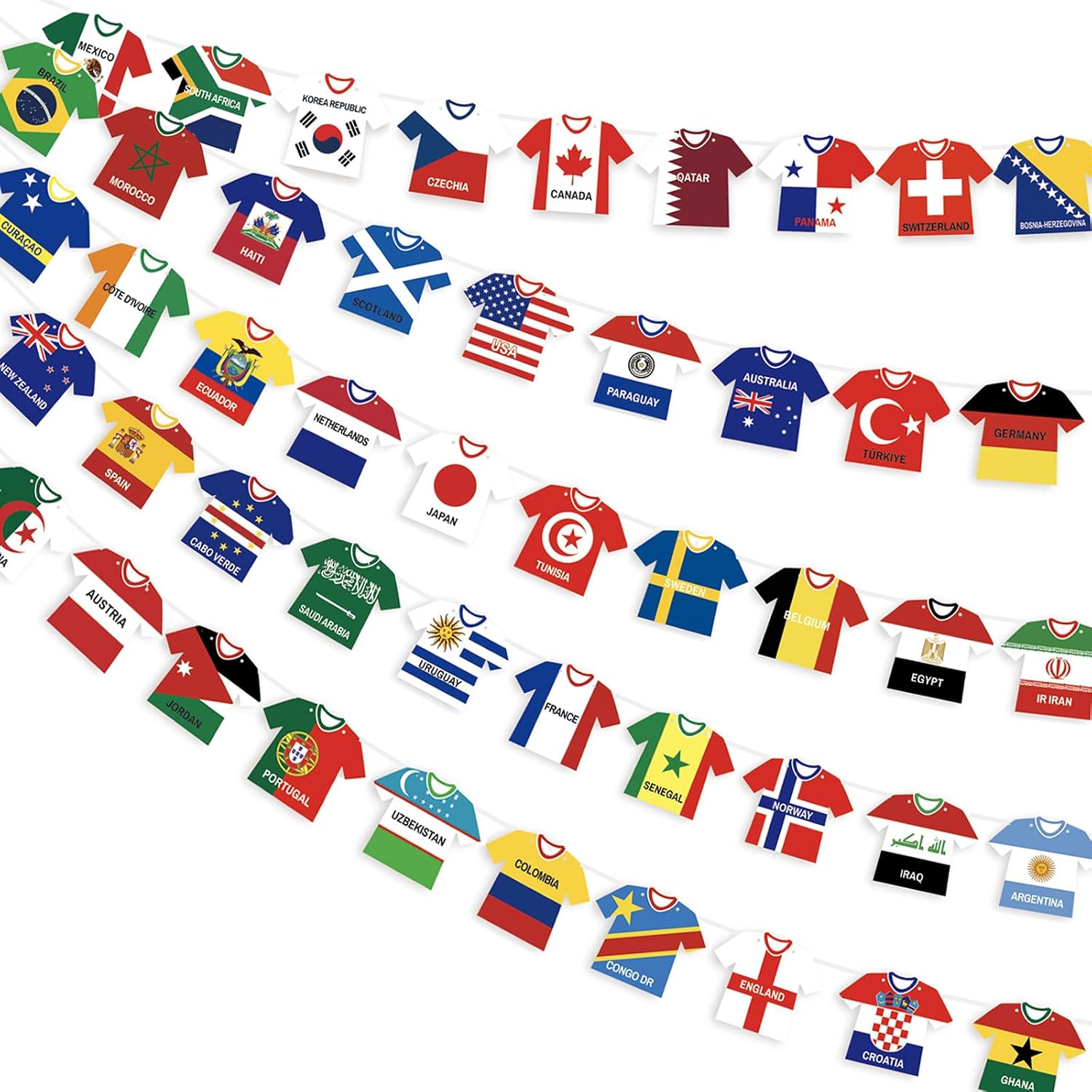 AhfuLife 1 Pack World Soccer Banner Jersey Flags for World Cup Party Decorations 2026, Pre-tied 48 Teams Double Sides Paper Strings for World Cup Soccer Wall Home Garden Decor