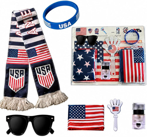 2026 USA Soccer Fan Kit 6 Piece Set, World Cup Football Party Gear with Patriotic Scarf, Flag, Face Painting Accessory, Hand Paddle, Wristband, Soccer Fans Game Day Accessories