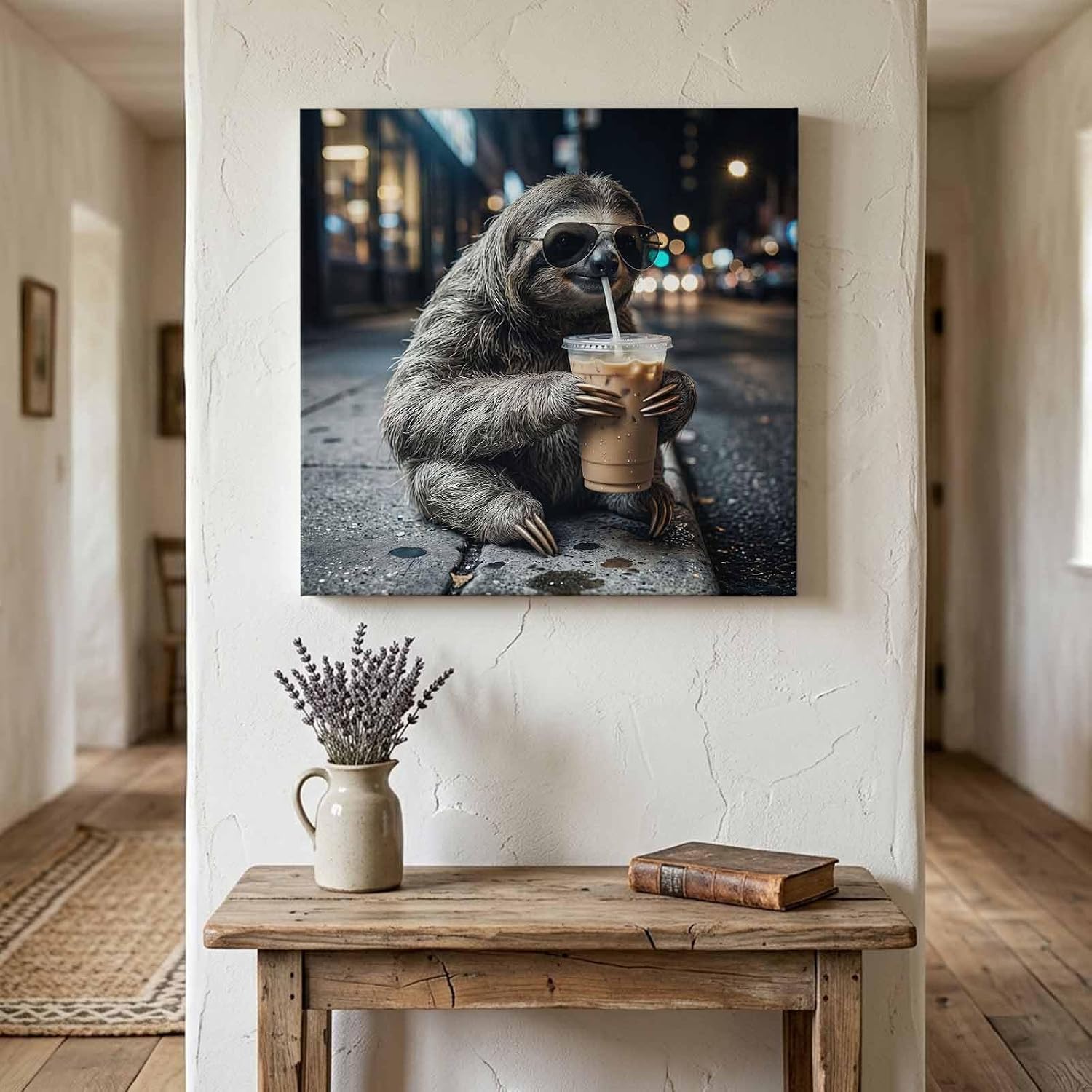 Sloth Drink Iced Coffee Wood Canvas Wall Art, Wall Decor for Bathroom Kitchen Nursery, City Sidewalk Modern Funny Animal Canvas Prints Artwork Ready to Hang Home Decor, Housewarming Gift 8''x8''