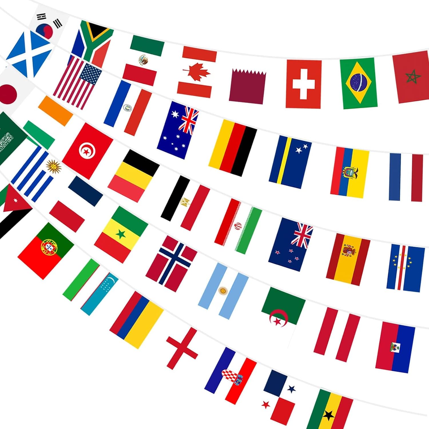 AhfuLife 48 Countries World Flag String Flags for World Cup Decorations, Double Sided Fabric Nations String Banner for Olympic Soccer Bar Club Garden Street Sports Party Decor (1 Pack, 7.9" x 11" - 68.9 Ft)