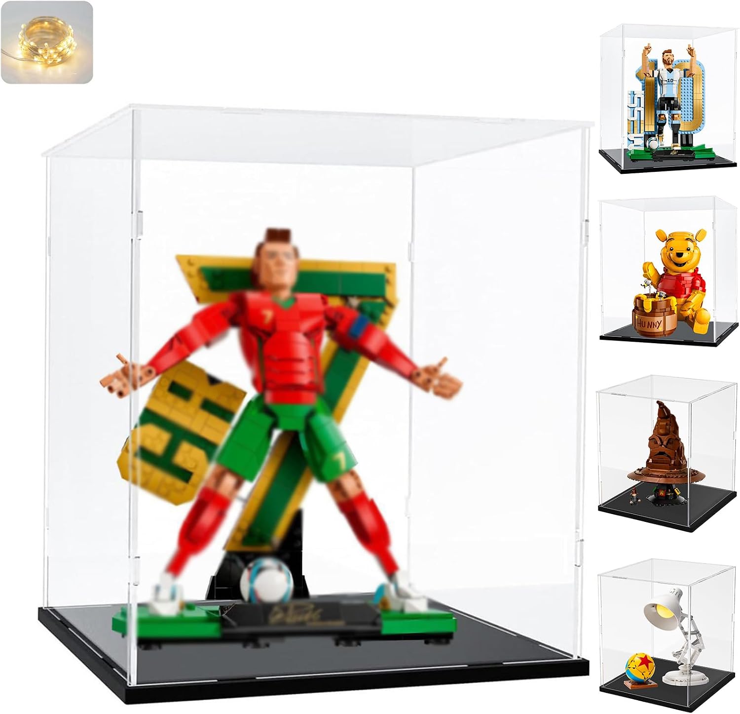 3mm Clear Acrylic Display Case for Lego 43015 Messi 43016 Ronaldo Soccer Legend 43300 Winnie Pooh 76429 Talking Sorting Hat 21357 10338 43290 Collectibles, Transparent Box Black Inside 9.8x9.8x11.8 in