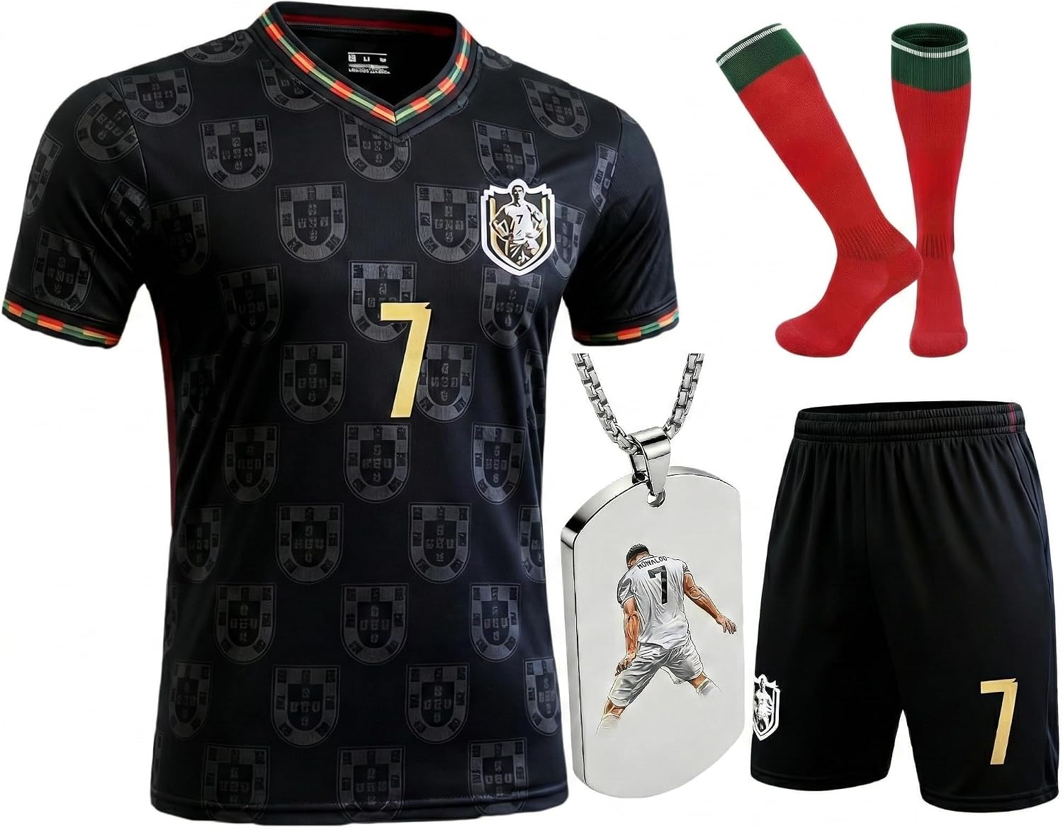 Kids Soccer Jersey Set | Uniform Kit with Shirt Shorts Socks #7 Necklace for Boys Girls,School Sports Training Match