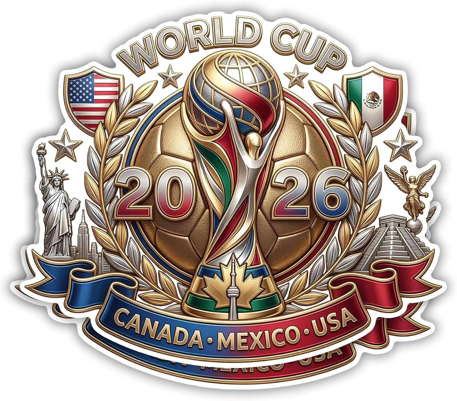 eDesign World Cup 2026 Canada Mexico USA Gold Crest Soccer Sticker Vinyl - 4 Inches - Premium Waterproof Vinyl Sticker for Cars Trucks Laptops Water Bottles and More - Weatherproof and Durable 2-Pack