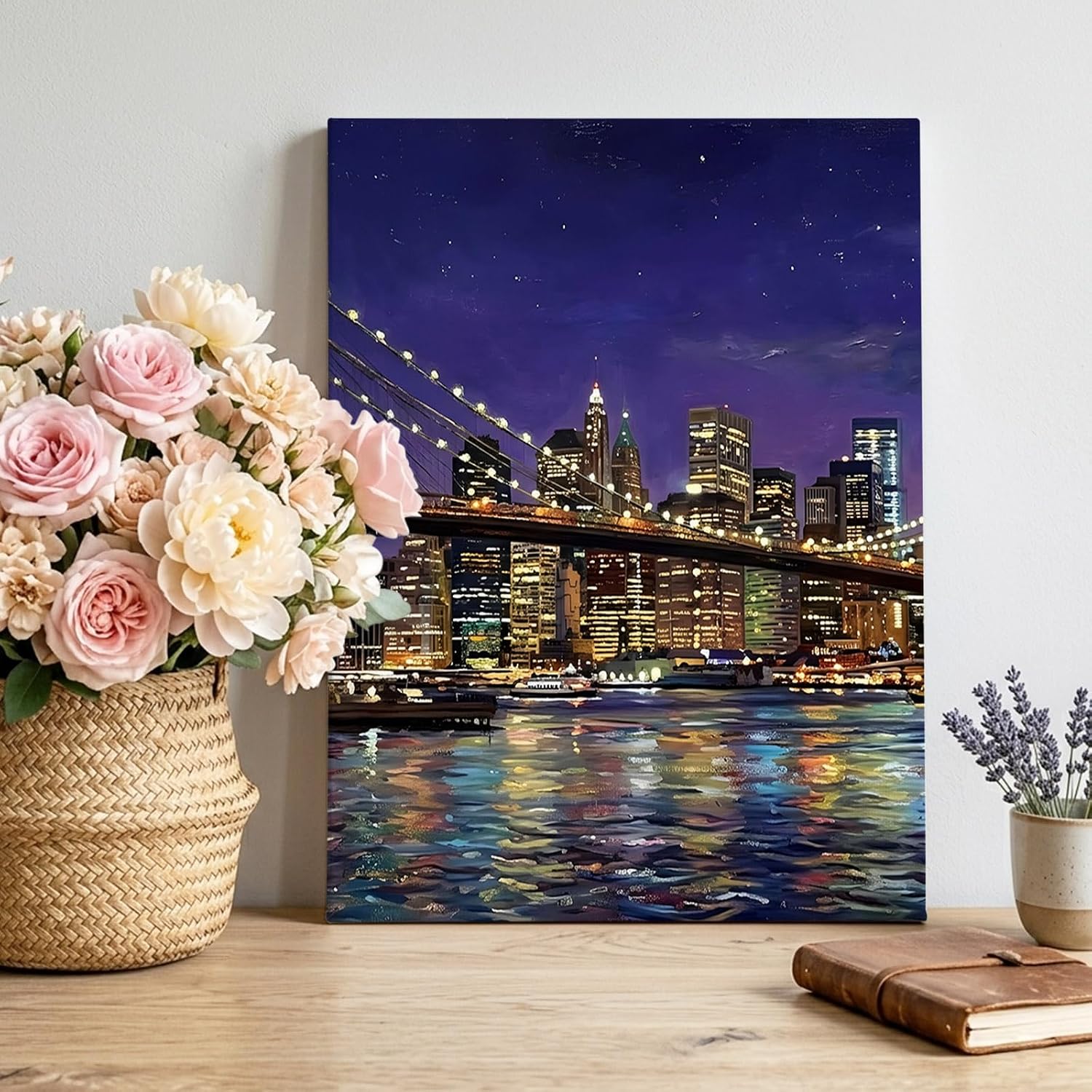 Brooklyn Bridge Canvas Wall Art for Living Room, Night City Urban Landscape Poster Print Painting for Bedroom Office Home Decoration Wall Pictures Prepare To Hang 20"x30"