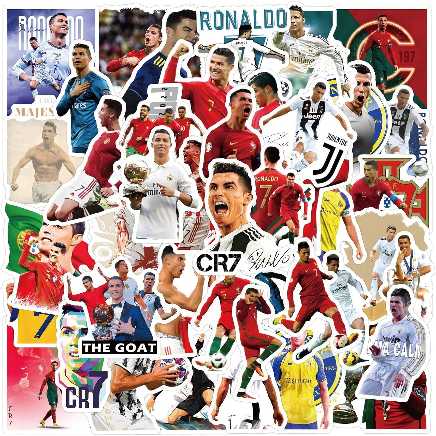 50PCS Football Player Cristiano Ronaldo Stickers,Vinyl Sports Ronaldo Stickers Soccer Star Water Bottle Sticker Pack, Ball Sports Gifts for Sport Lovers,Football Party Favors, Soccer Decorations