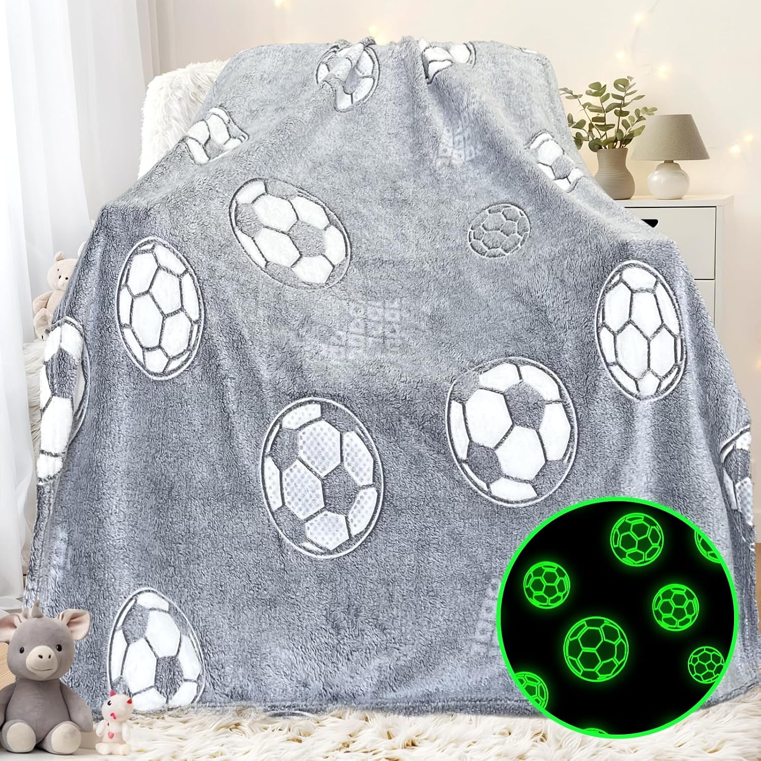 Glow in The Dark Soccer Blanket, Soccer Gifts for Kids 3-12, Soft Blankets for Boys 40"x60"