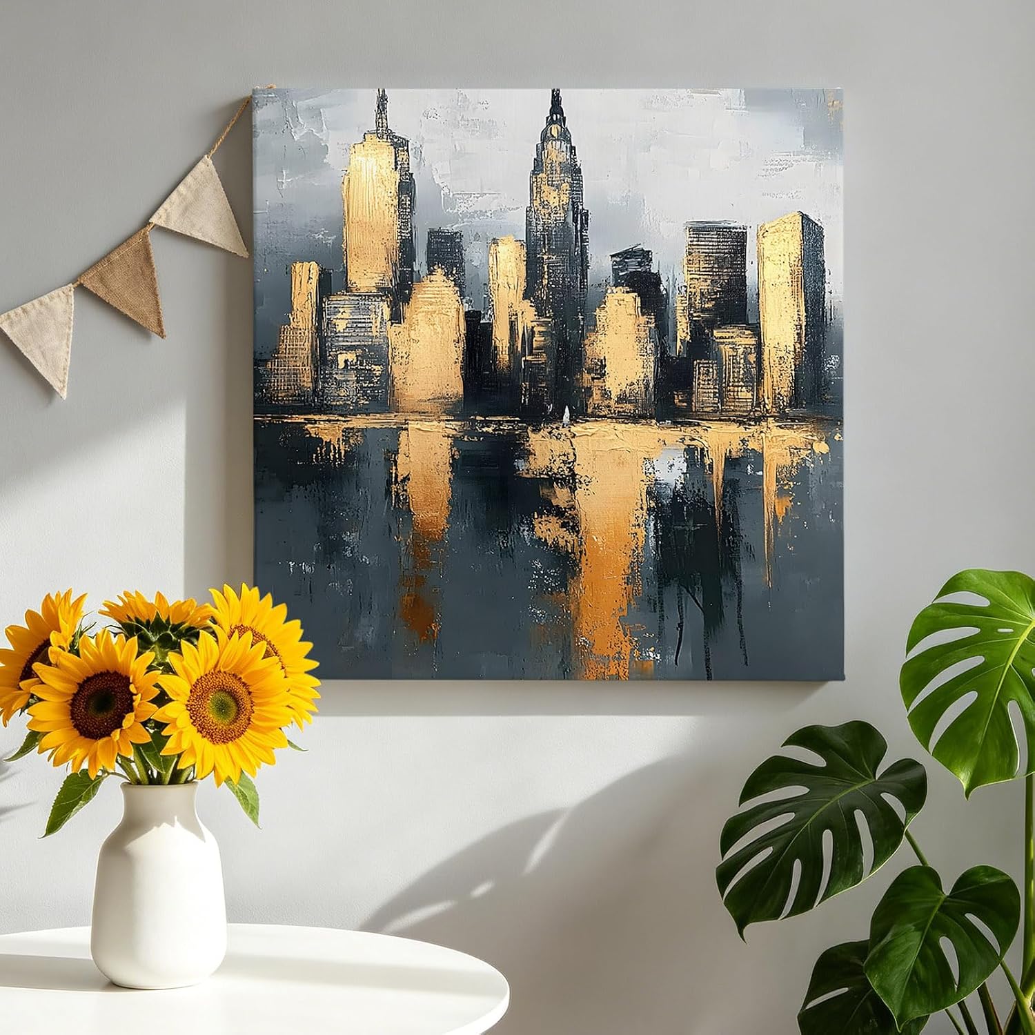 City Architecture Abstract Style Canvas Wall Art Made in USA, Framed Waterproof Canvas Prints 8x8in Gold Foil Oil Painting Art Ready to Hang Thick Wall Artwork for Living Room Bedroom Office