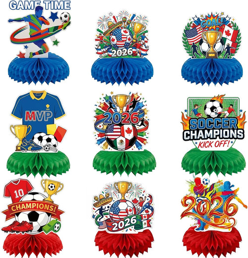 2026 World Soccer Cup Table Decorations, 9 Pcs 3D Double Sided Honeycomb Centerpieces,Themed Ornaments & Soccer Cups Decor for Football Sports Competition Party Supplies