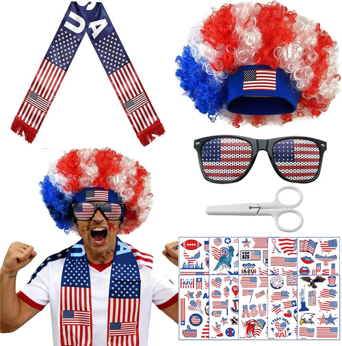2026 World Cup USA Soccer Fan Scarf Set for Game Day Cheering, 4th of July & America's 250th Anniversary Costume Accessories Includes American Flag Scarf, Afro Wig, Glasses and Temporary Tattoos