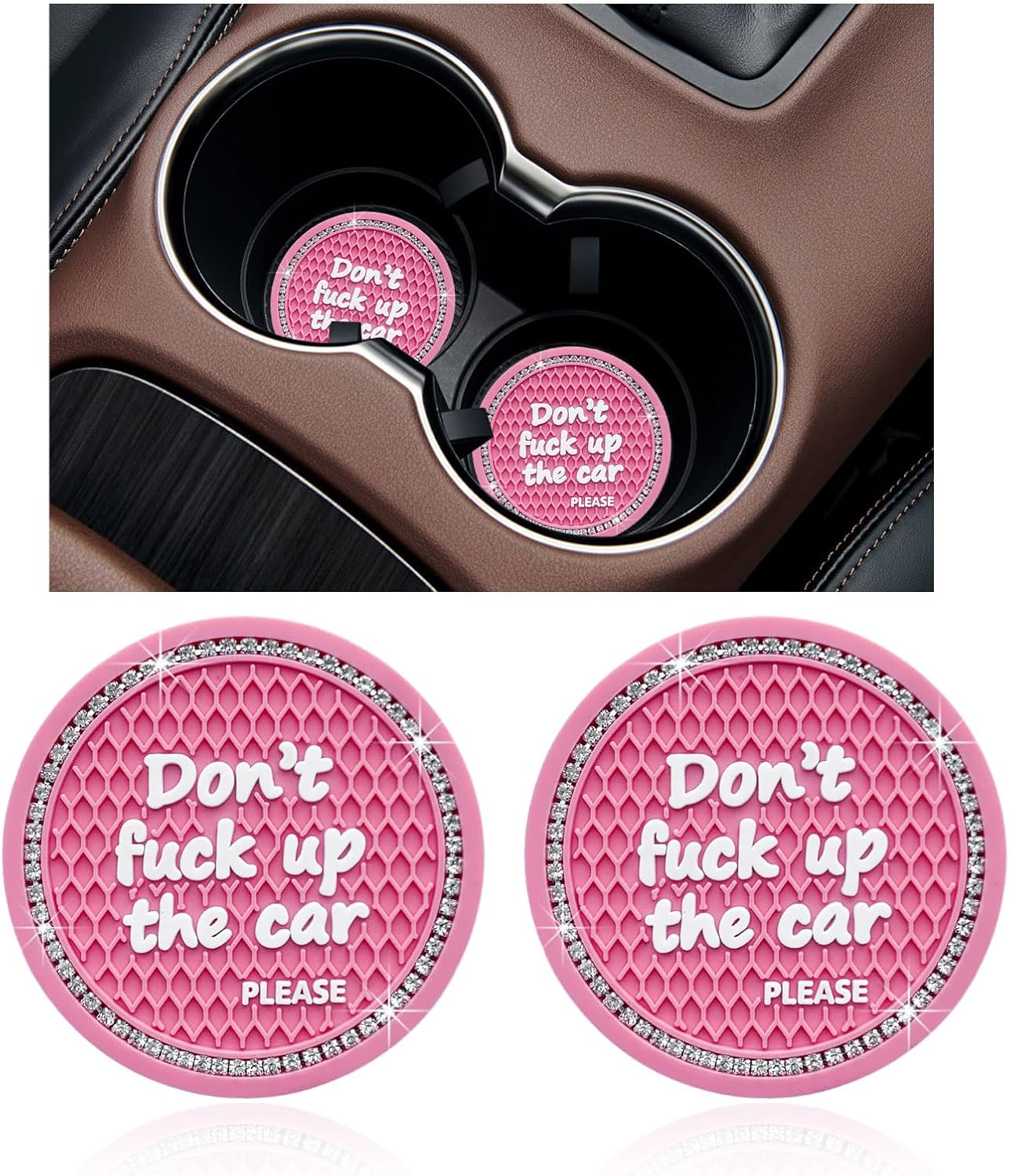 Ziciner 2 Pack Bling Car Cup Holder Coaster, 2.75 Inch Anti-Slip Auto Insert Cup Coaster, Crystal Car Drink Cup Mat Perfect for Women Girls, Universal Interior Decor Accessories (Pink)
