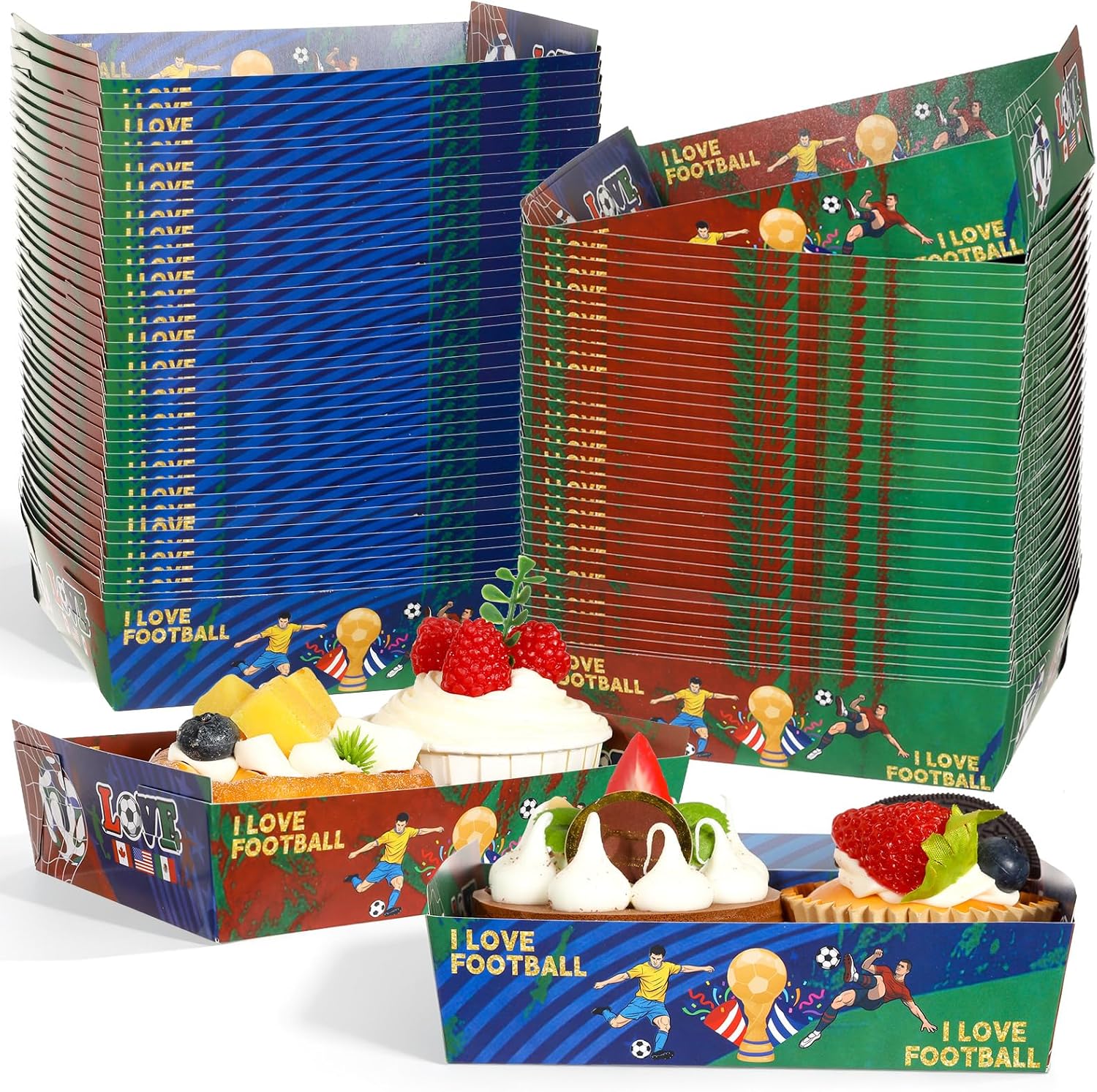 50 PCS 2026 World Soccer Tournament Cup Food Boats Soccer Birthday Party Supply World Football Sport Themed Paper Serving Trays Boxes Disposable Holder for Team Baby Shower Sport Birthday Party Favor