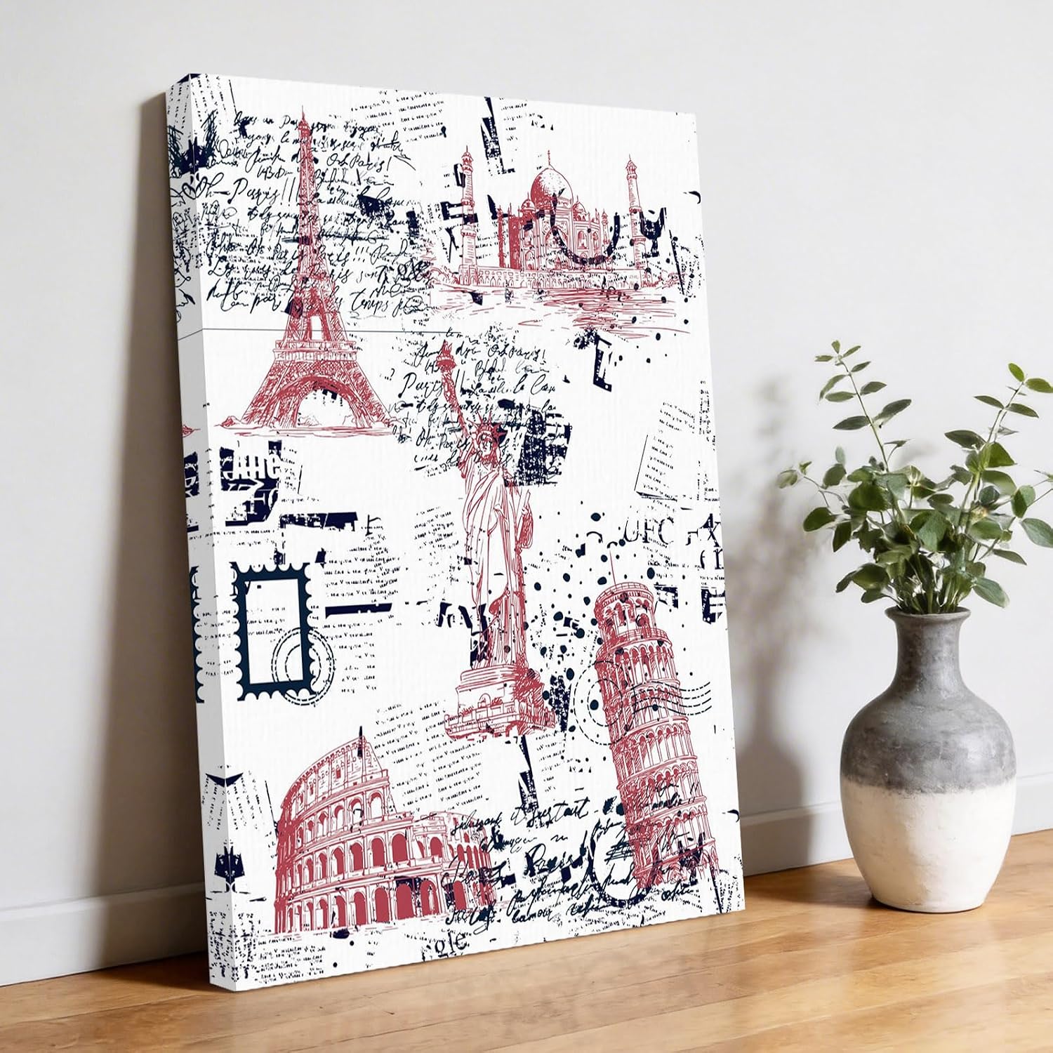 Blue Red City Canvas Wall Art for Living Room, Modern Red Blue Architecture Poster Print Painting for Bedroom Office Home Decoration Wall Pictures Prepare To Hang 20"x24"