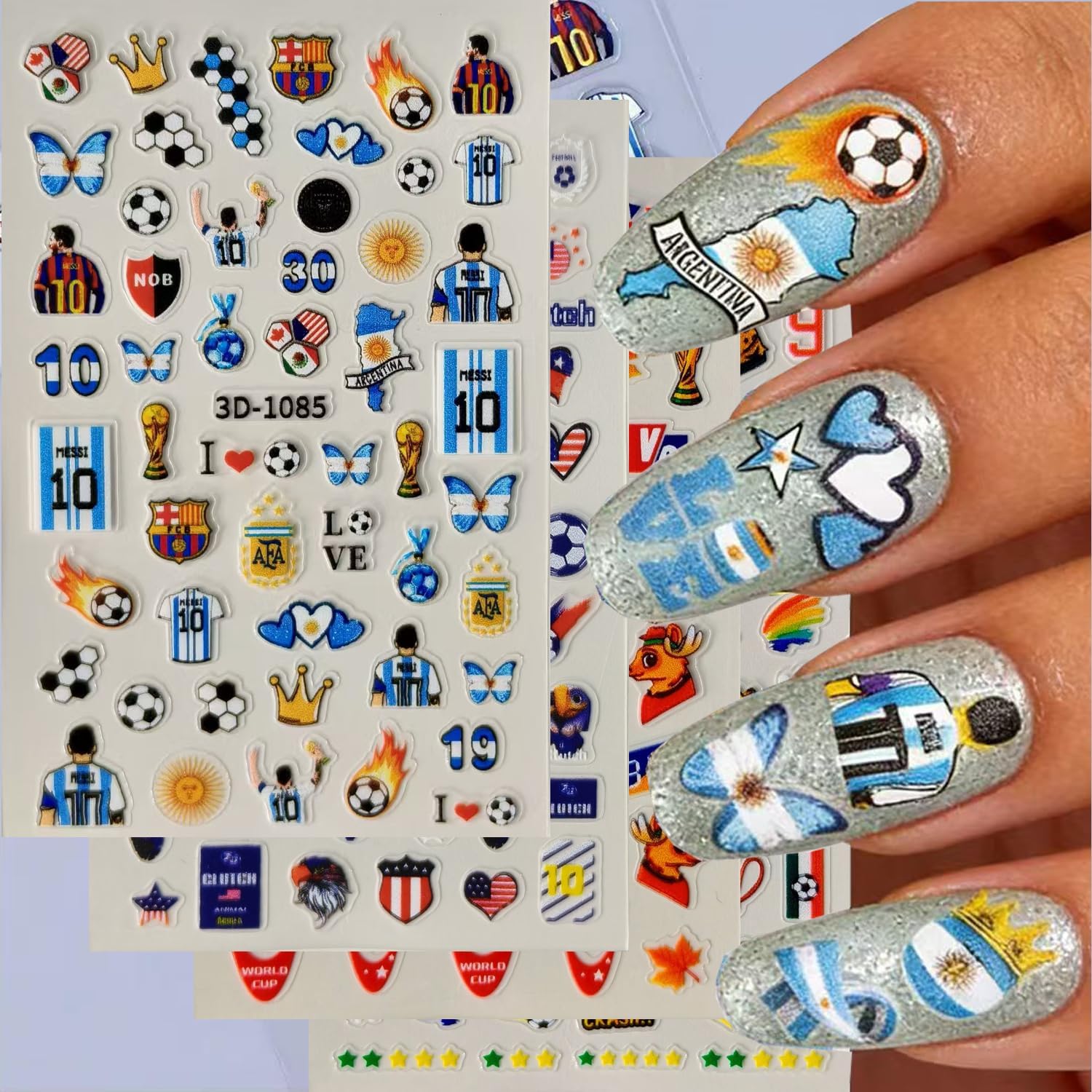 World Cup Soccer Nail Art Stickers 6 Sheets, Zoance Football Trophy Nail Decals 2026 World Cup Team Themed, 3D Self-Adhesive Nail Stickers for Women Fans Party Nail Decorations