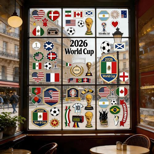 2026 World Cup Window Stickers, 9 Sheets with 69 Pieces, Double-Sided Printed, Multi-Coloured Window Decorations, Removable and Reusable Clings for Home, Office, Car