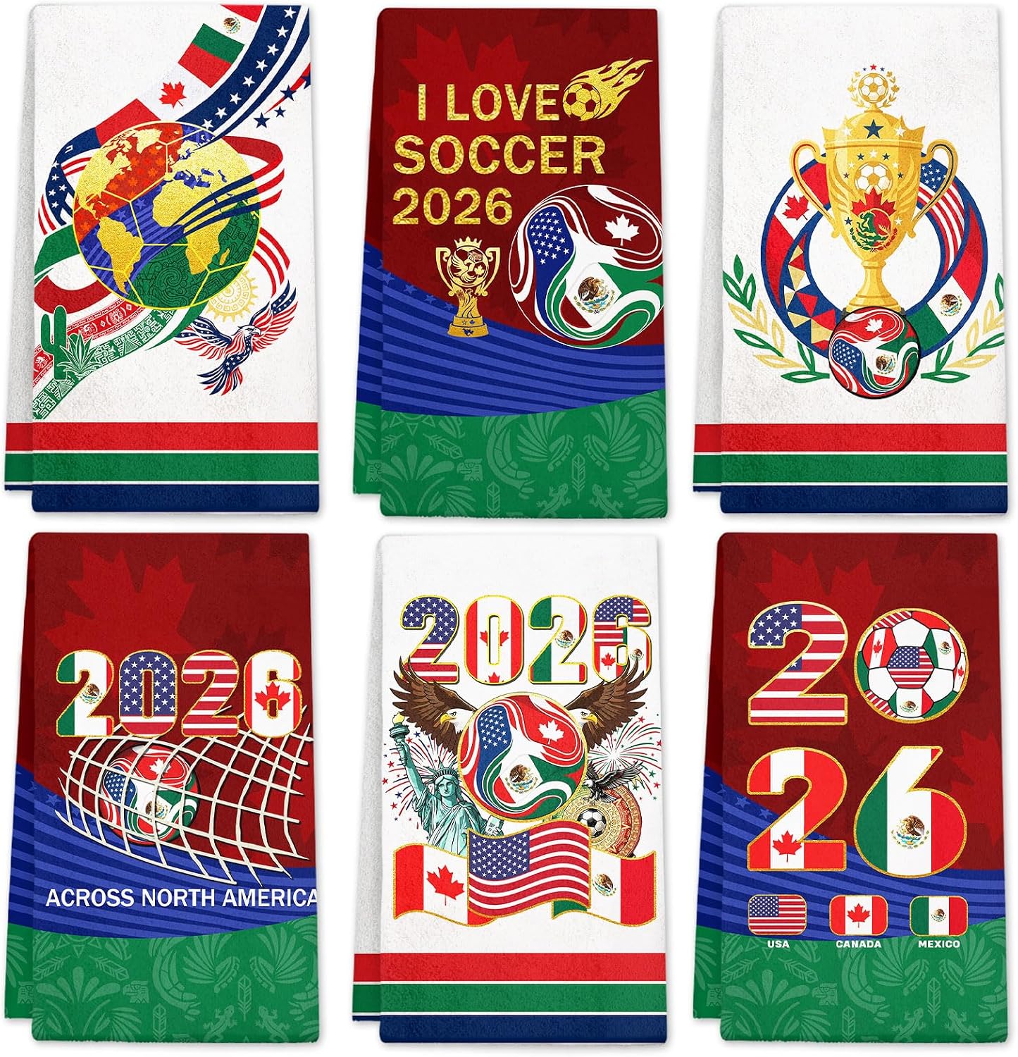 2026 World Soccer Cup Kitchen Towels 6 PCS, Red World Soccer Cup Gift Hand Towel for Fans, Kitchen Towel Set with National Flags, Football Themed Dish Towels Decor Cloth Reusable, 17 X 26In