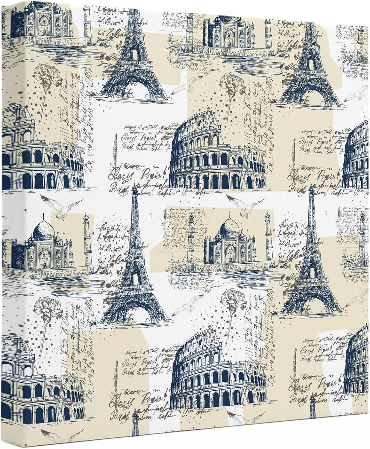 Ship Next Day - Blue Architecture Wall Art, Eiffel Tower Retro City Classical Beige Canvas Print Painting Artwork Picture for Wall Living Room Bathroom Bedroom Kitchen Office Dining Room Decor 10"x10"