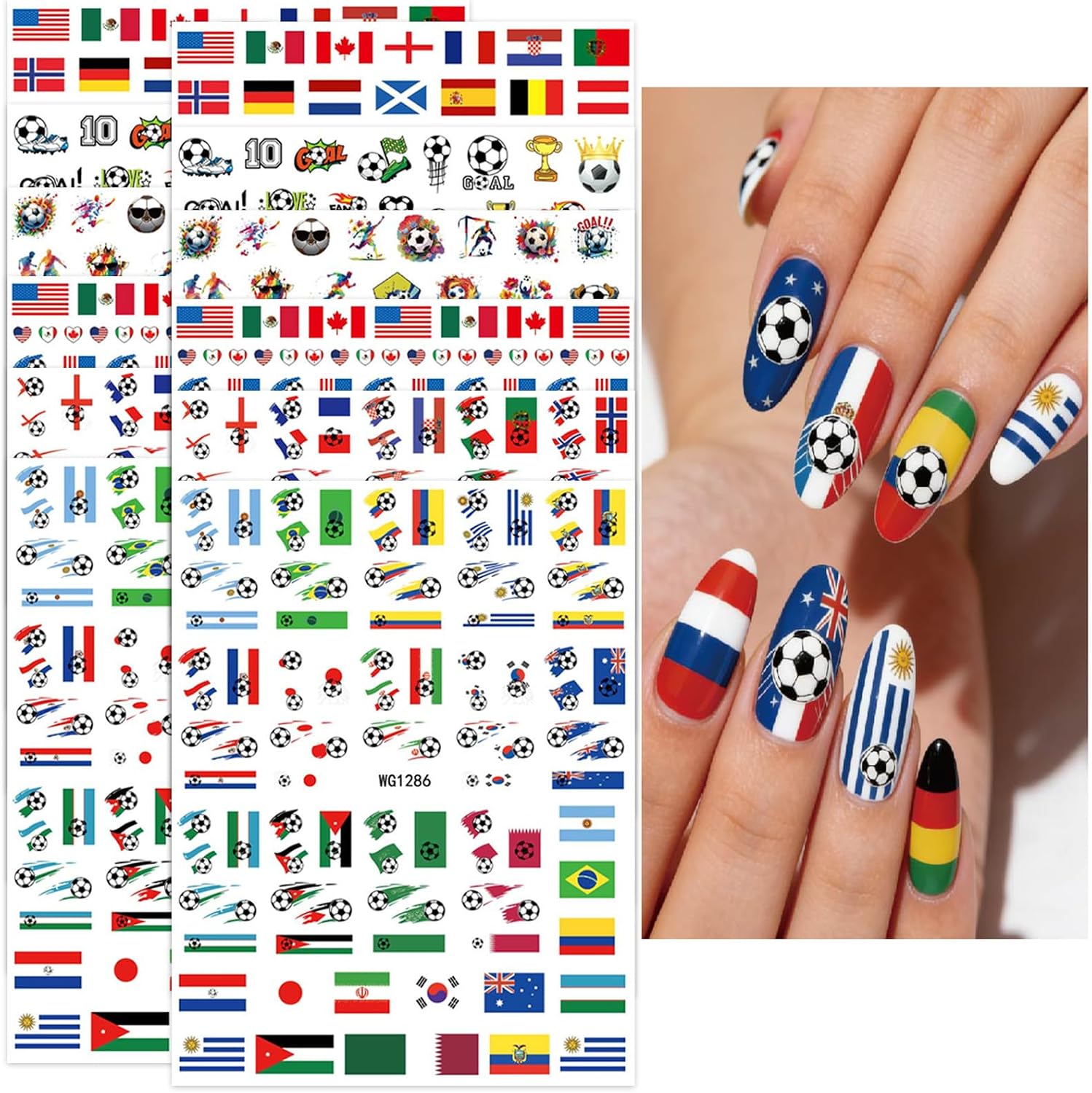 12Sheets World Cup Soccer Nail Stickers Colorful Football Sports Nail Decals Glitter Waterproof Nail Designs Competition Nails Supplies Self-Adhesive Nails Art Stickers for Women DIY Manicure