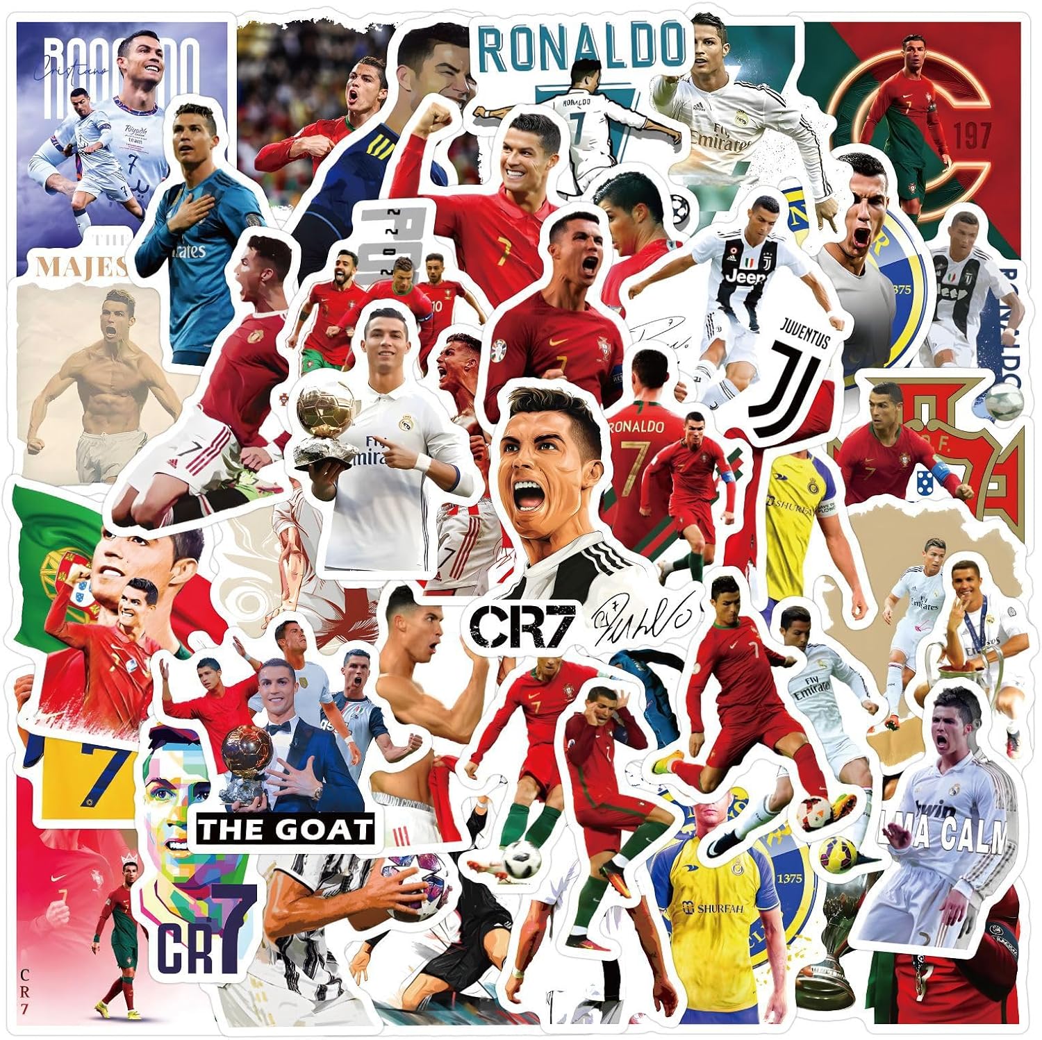 50PCS Football Player Cristiano Ronaldo Water Bottle Stickers for Kids, Vinyl Waterproof Aesthetic Laptop Sticker Pack Classroom Prizes Skateboard for Kids Teens Girls Students (RED)