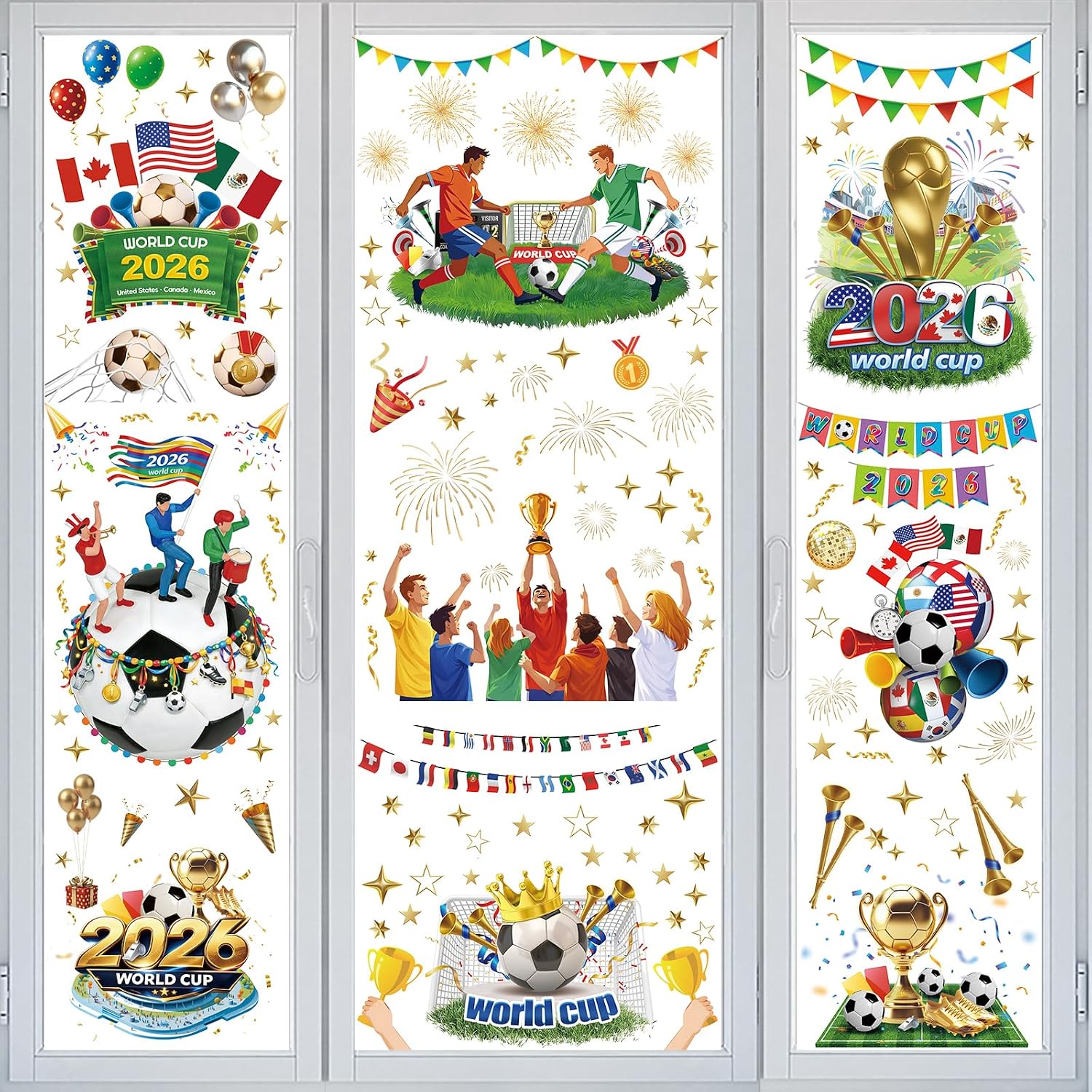AhfuLife World Cup Tournament Window Clings 2026, 9 Sheets Reusable Window Stickers for World Soccer Tournament Decorations 2026, Double Side Decals for Home Office Shop Party Indoor Decorations