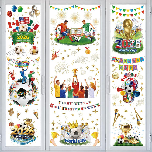 AhfuLife World Cup Tournament Window Clings 2026, 9 Sheets Reusable Window Stickers for World Soccer Tournament Decorations 2026, Double Side Decals for Home Office Shop Party Indoor Decorations