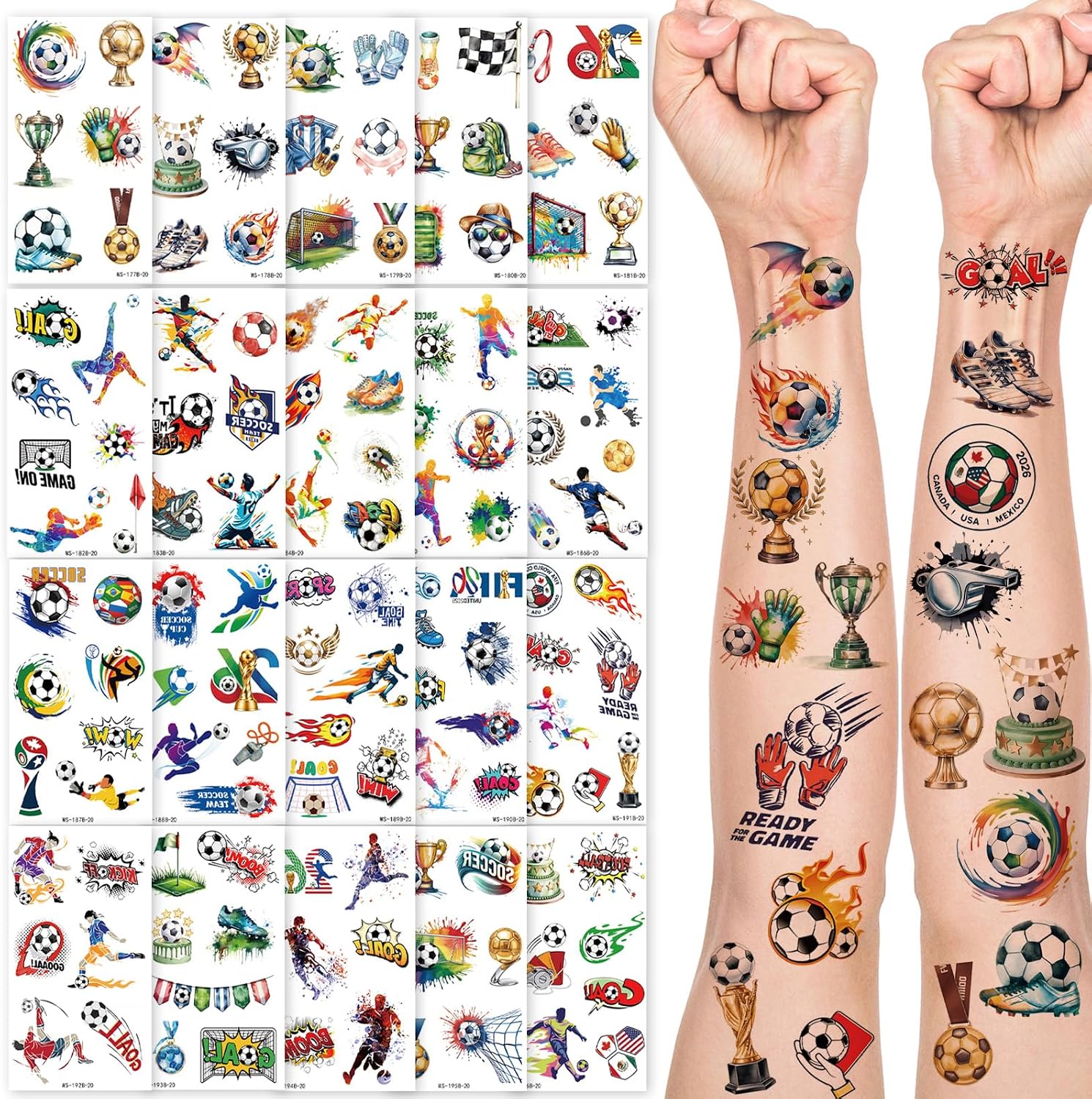 20 PCS World Cup Temporary Soccer Tattoos Stickers Kit World Cup Football Party Supplies for Fan Themed Birthday Favors Pre Cut Face Body Fake Tattoo Gift Bag USA Soccer Tattoos for Wolrd Cup