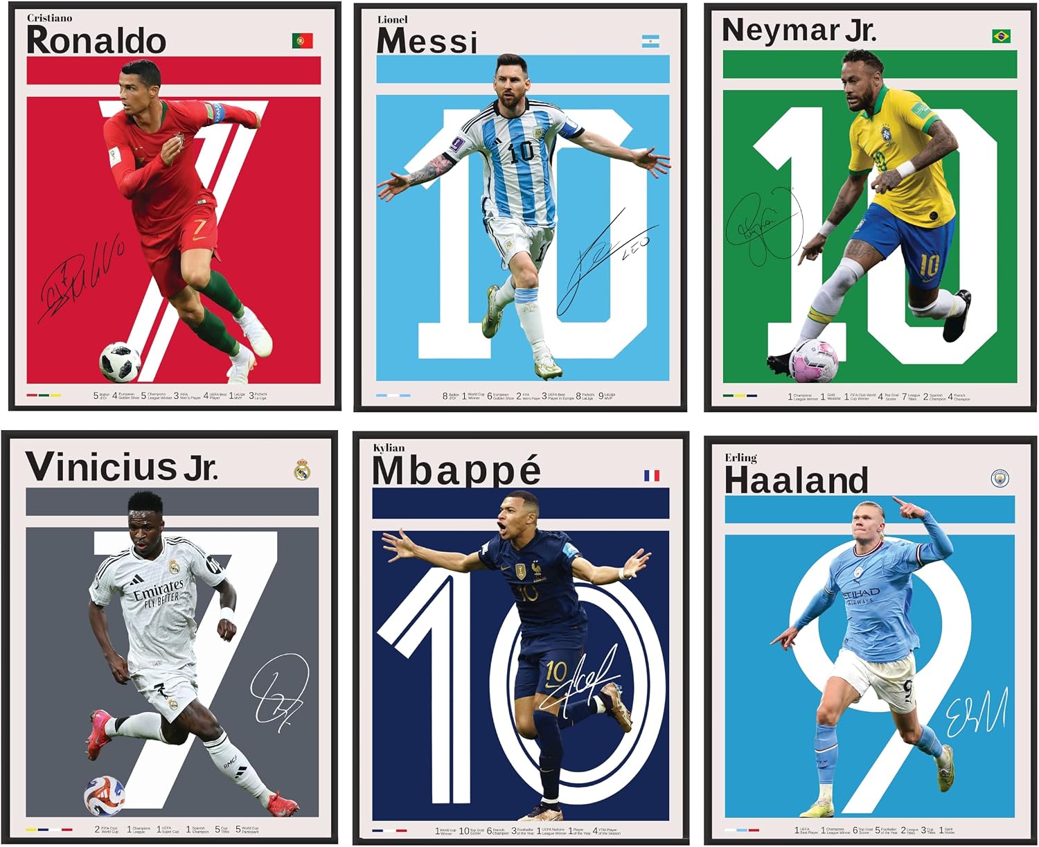Soccer Poster | Messi and Ronaldo Posters | Famous Soccer Players Wall Art Decor For Boys & Fans | Legends and Rising Stars 6-Pack Poster Set | Gift for Football Lovers | 8 x 10 inch | UNFRAMED