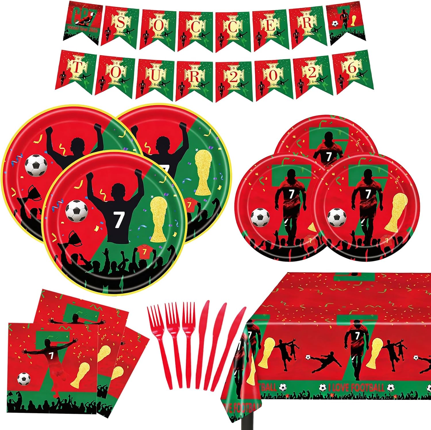 117 PCS World Cup 2026 Ronaldo Soccer Party Decorations Kit, Ronaldo Football Theme Birthday Decorations with Plates, Napkins, Knives, Forks, Tablecloth, Pennants for Game Day Supplies Serves 20