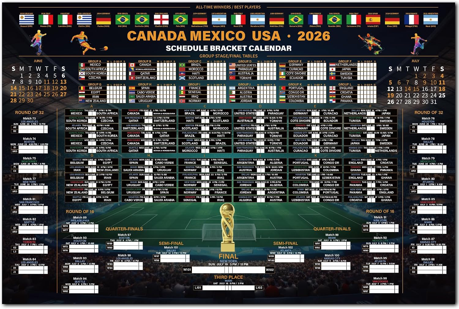 Juchuar World Cup — 36×24 inch Large Soccer Tournament Wall Chart with Knockout Bracket, All 48 Teams & 104 Matches Schedule Poster, Watch Party Decorations & Fan Gift for Home Bar & Sports Bar