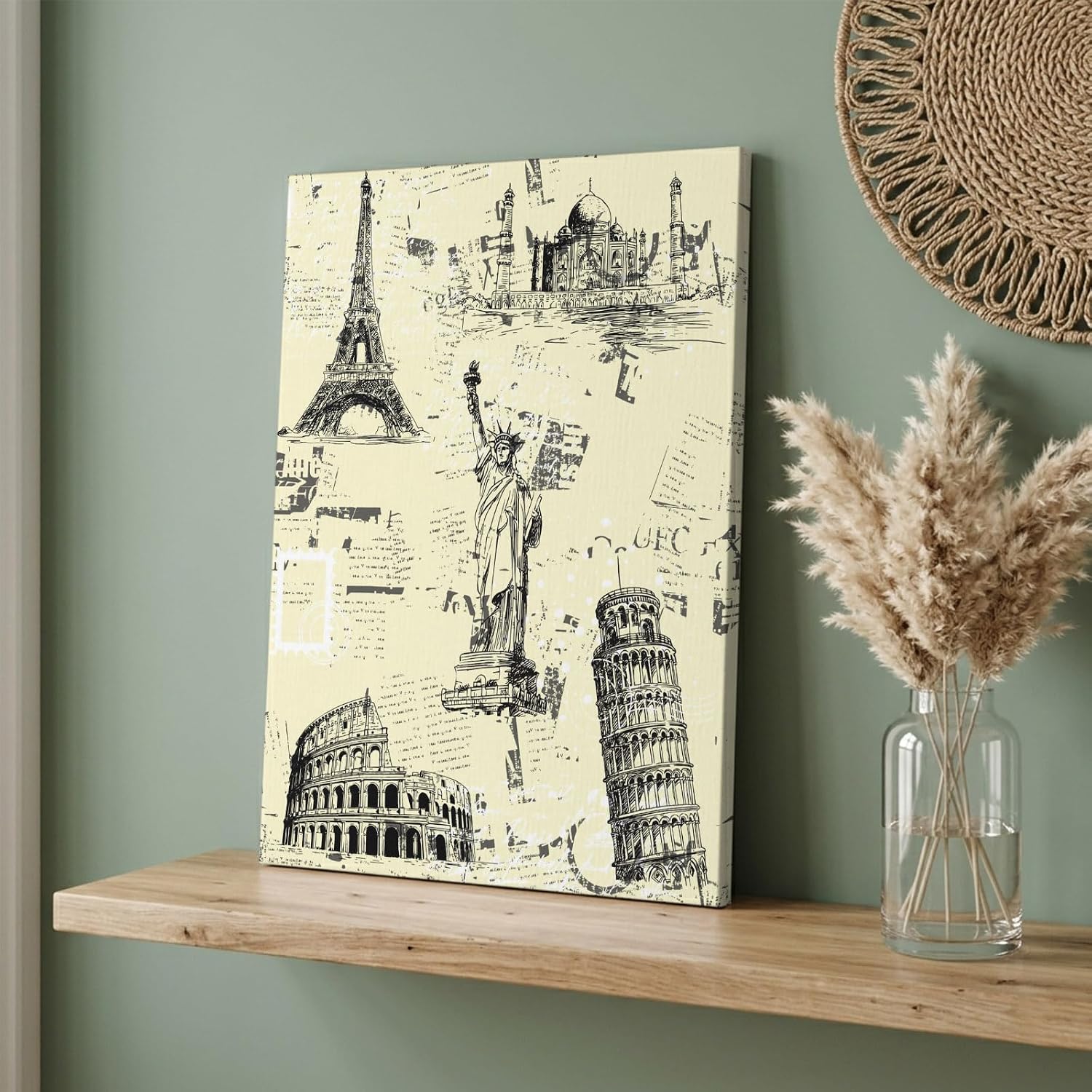 Beige City Canvas Wall Art for Living Room, Modern Black Architecture Light Yellow Poster Print Painting for Bedroom Office Home Decoration Wall Pictures Prepare To Hang 8"x12"
