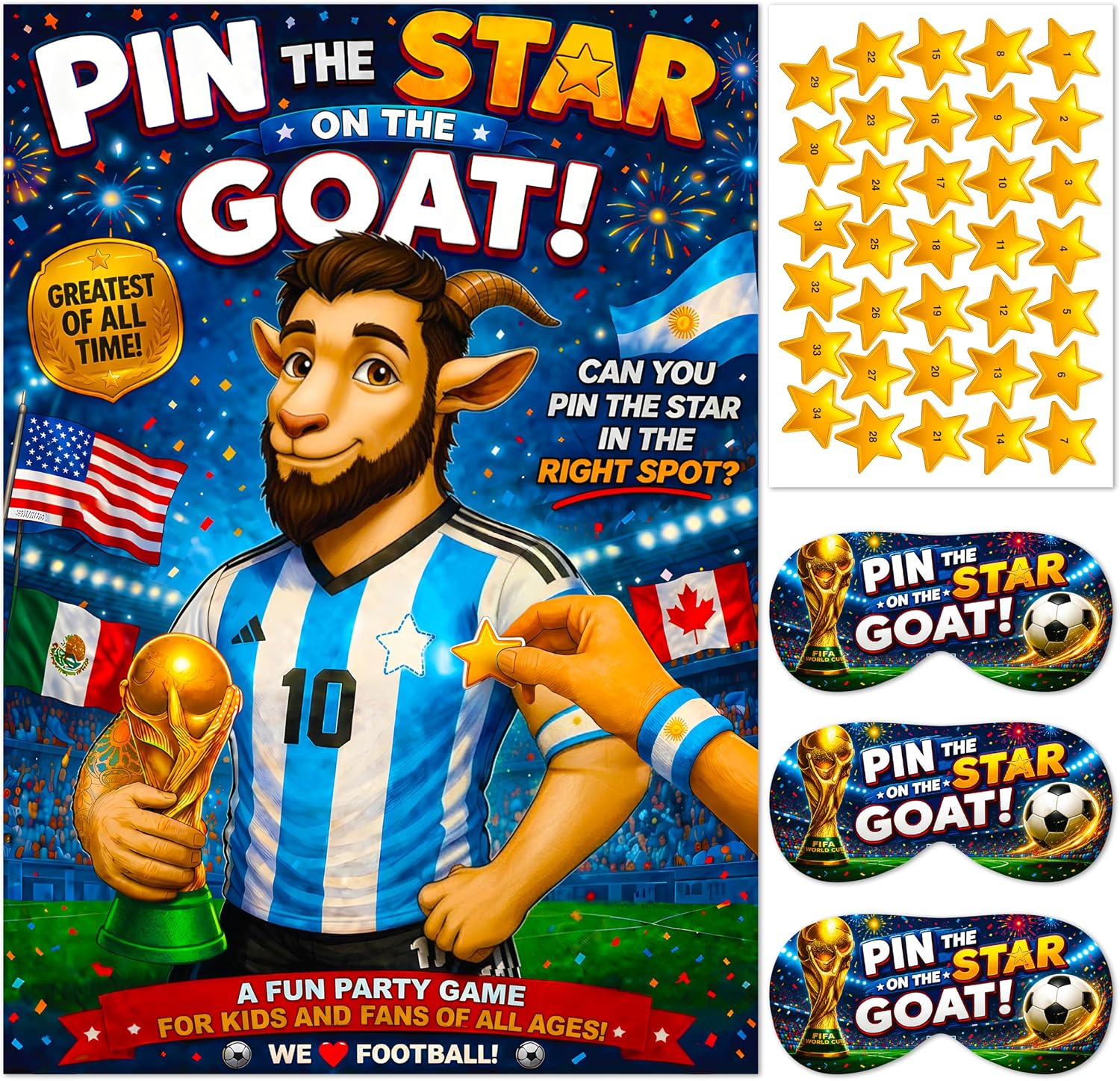 Pin the Star on the Goat Party Game for Kids - 2026 World Cup Party Game with A1 Poster, 34 Gold Star Stickers, 3 Elasticated Blindfolds | Birthday Party Game, Soccer Party Favor, Pin Game