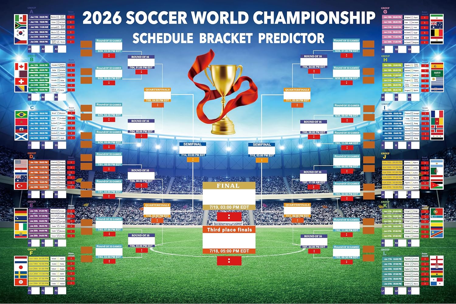 2026 World Cup Wall Chart 35"x23" Reusable Cloth Schedule Poster with Knockout Bracket, Group Stage Tracker & Full Match Timeline for Home Office Bar Party Decor Soccer Enthusiasts Football Fans