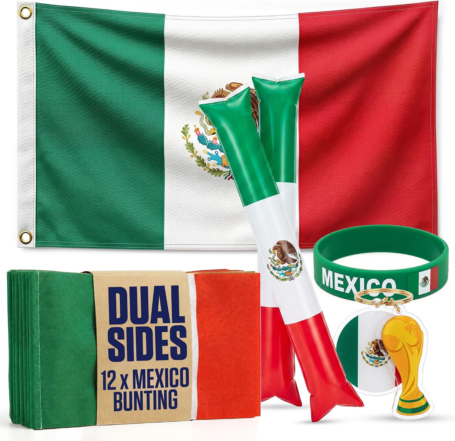 2026 World Cup Supporter Set – Bunting, Thundersticks, Wristband & Keyring – Football Fan Set, USA/Mexico/England