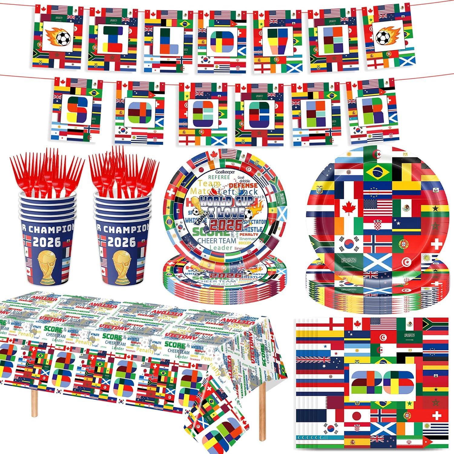 World Cup Party Supplies, International Flags Theme Party Decorations, Serves 20, 114 Pieces with Plates, Cups, Napkins, Forks, Tablecloth, Banner