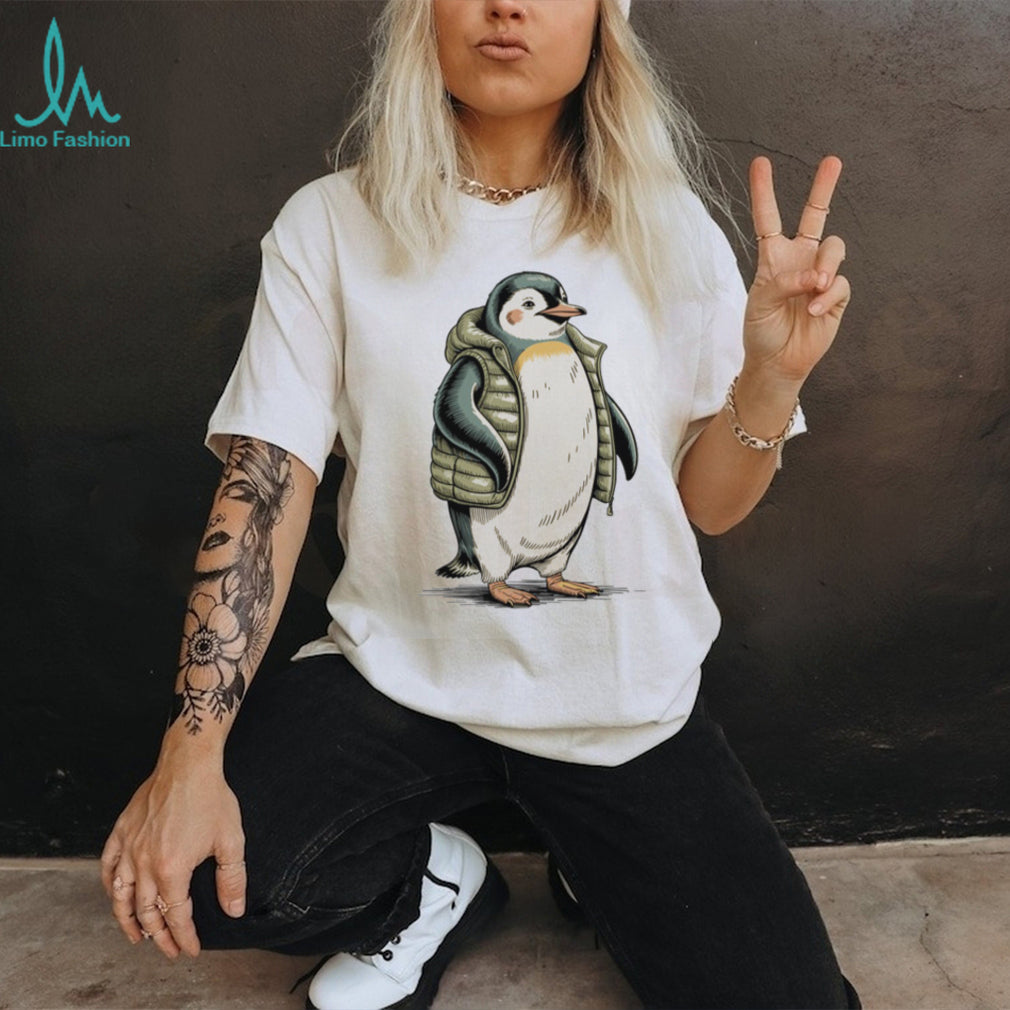 Adorable Baby Penguin Wearing Green Puffer Vest T Shirt