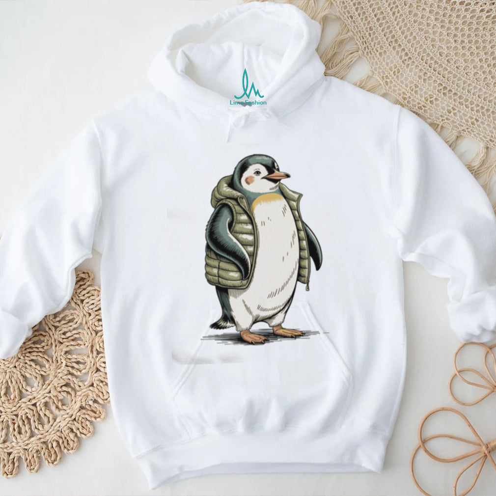 Adorable Baby Penguin Wearing Green Puffer Vest T Shirt