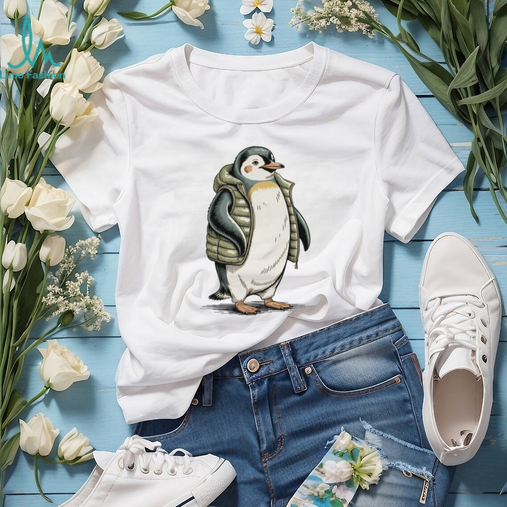 Adorable Baby Penguin Wearing Green Puffer Vest T Shirt