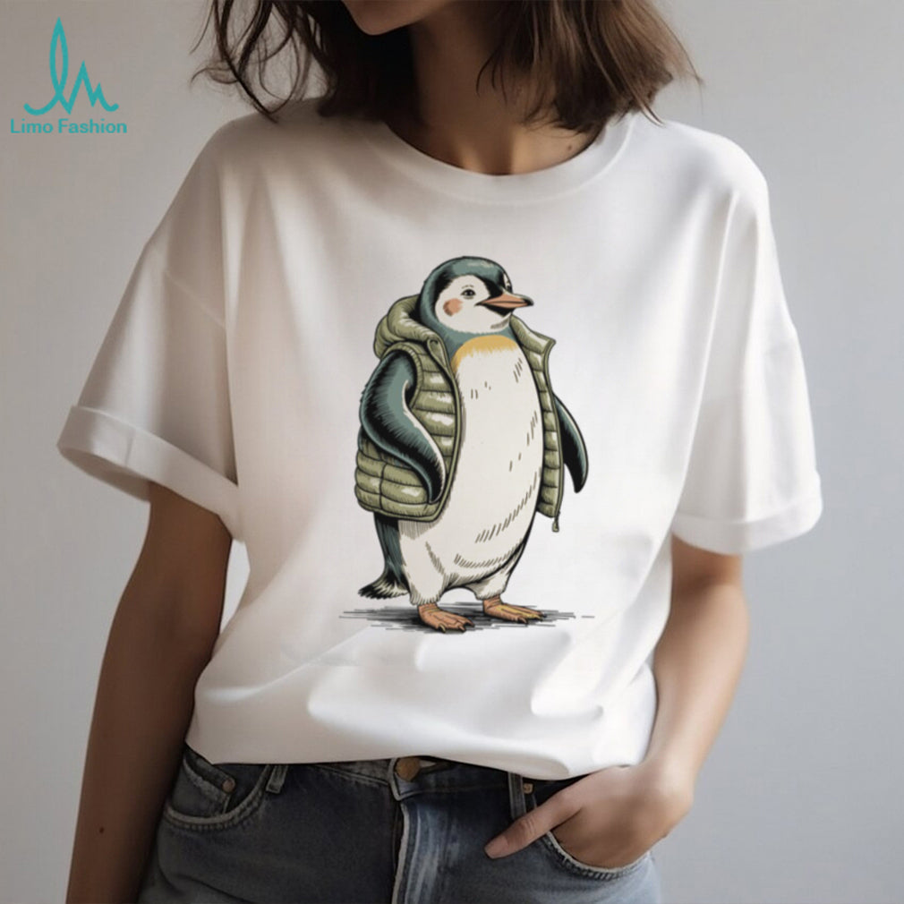 Adorable Baby Penguin Wearing Green Puffer Vest T Shirt