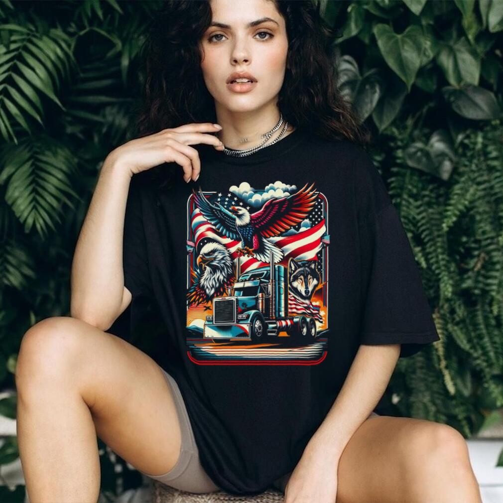 American Trucker Pride Eagle Wolf and Semi Truck US Flag Graphic Tee