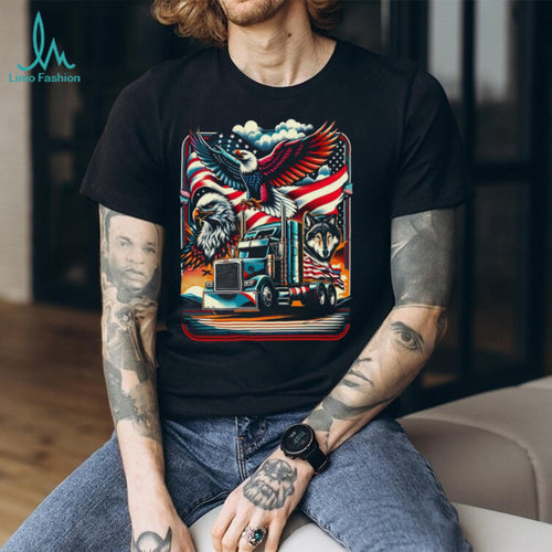 American Trucker Pride Eagle Wolf and Semi Truck US Flag Graphic Tee